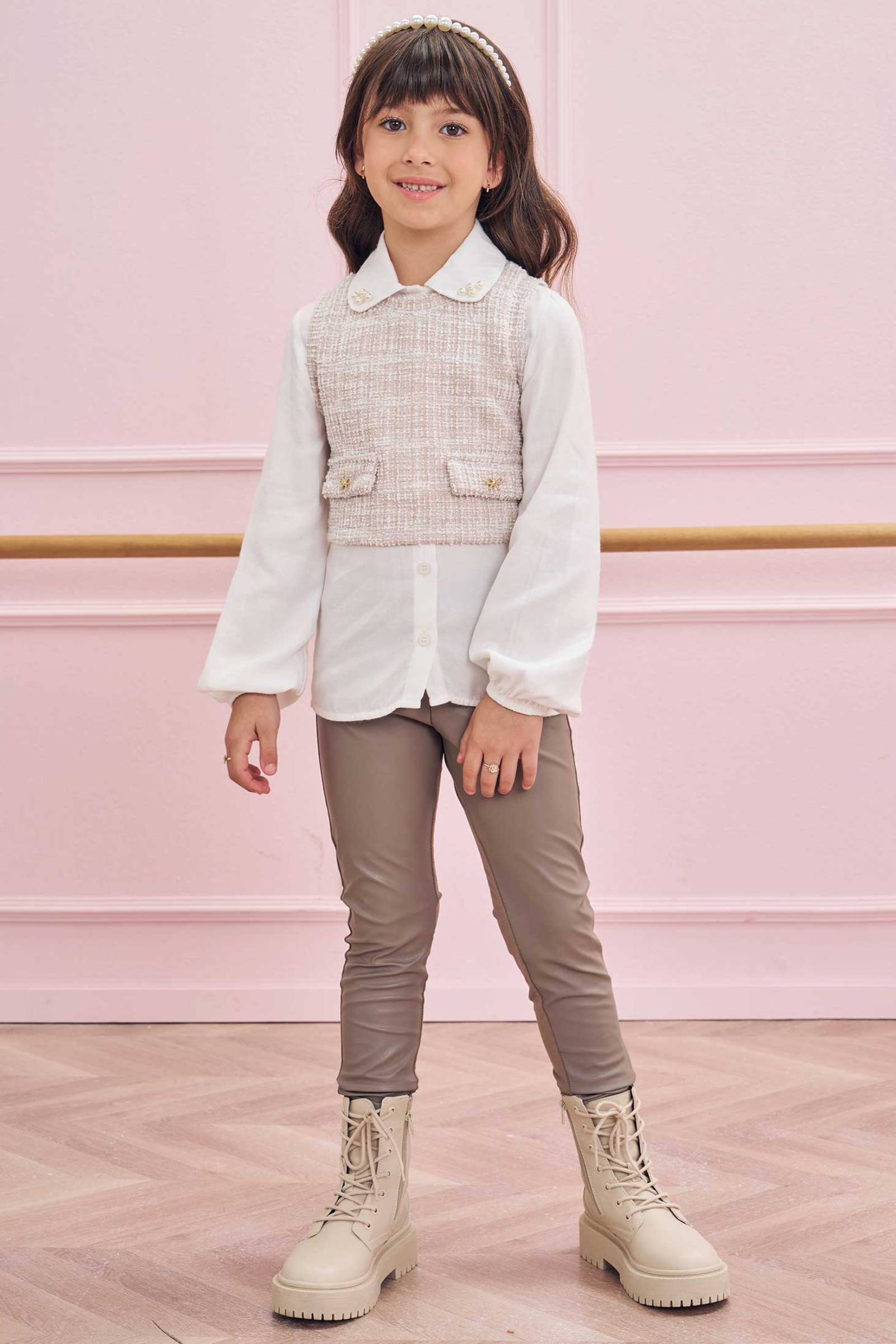 Conjunto de Camisa em Viscose Colete em Malha Tweed e Calça Legging em Couro e Termoskin 79783 Infanti Infantil Menina