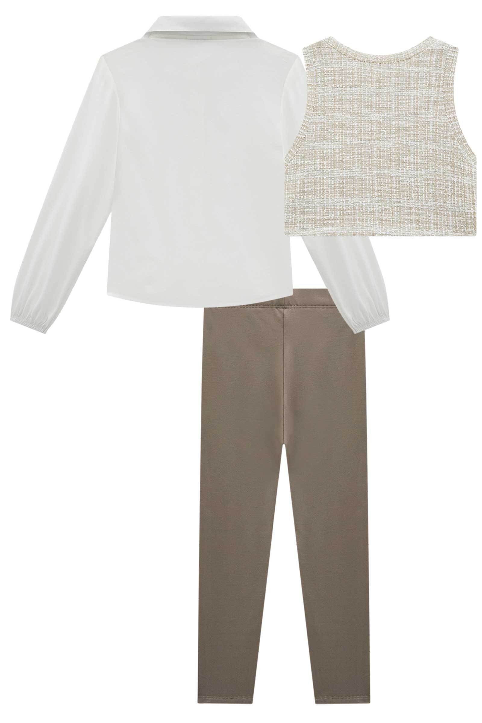 Conjunto de Camisa em Viscose Colete em Malha Tweed e Calça Legging em Couro e Termoskin 79783 Infanti Infantil Menina