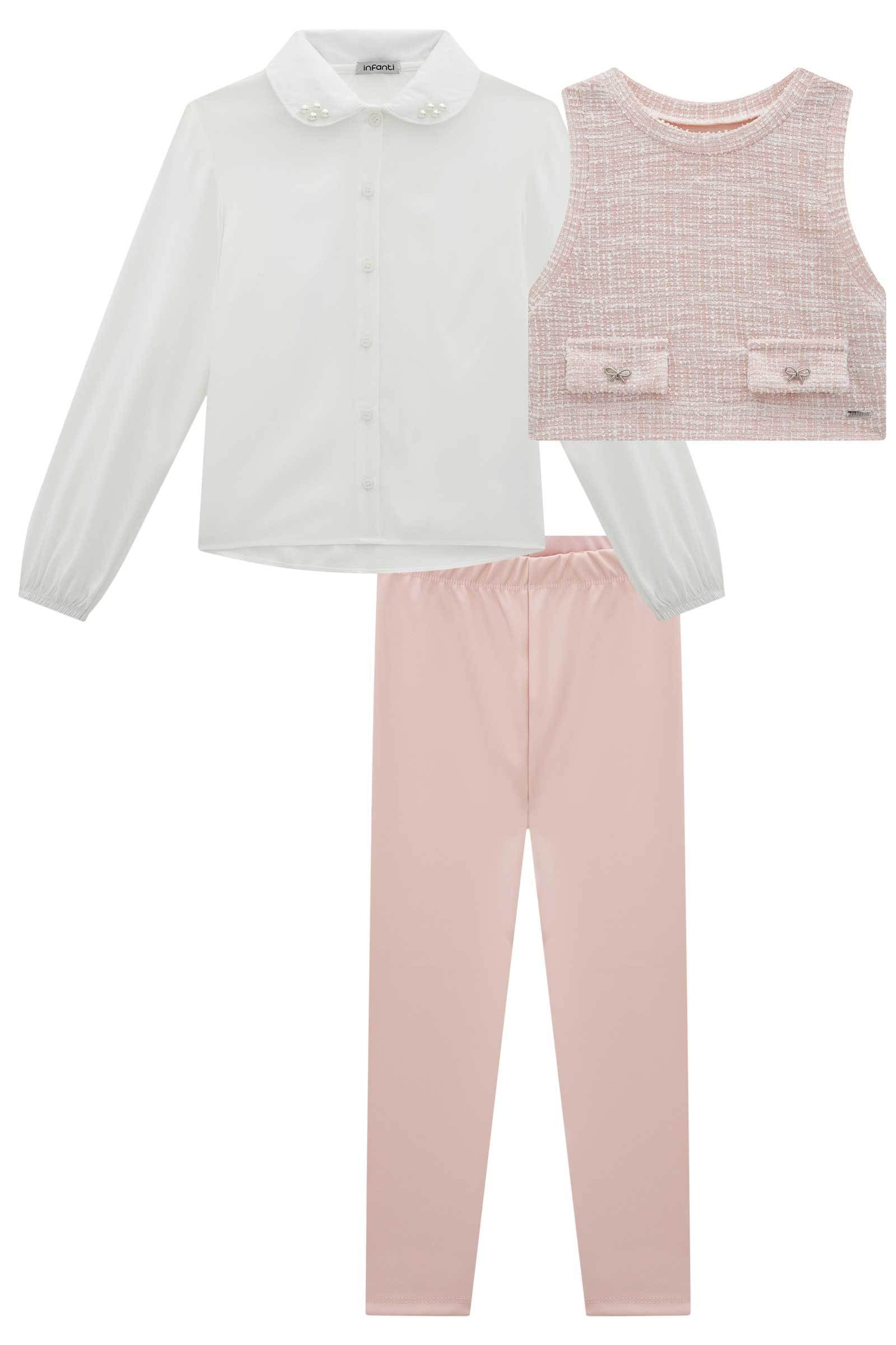 Conjunto de Camisa em Viscose Colete em Malha Tweed e Calça Legging em Couro e Termoskin 79783 Infanti Infantil Menina