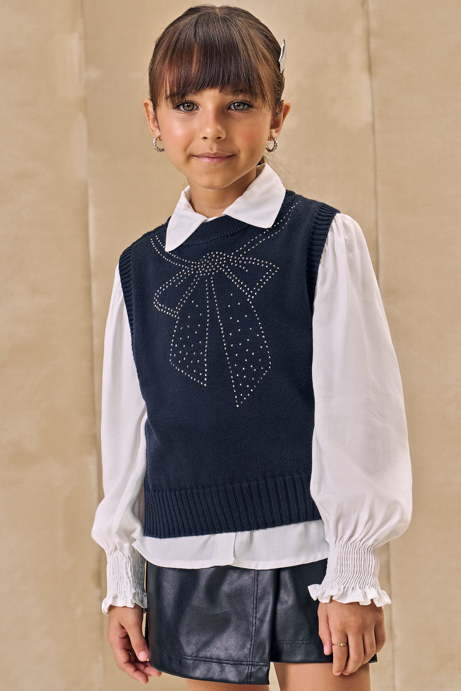 Conjunto de Camisa em Viscose e Colete em Tricot 100% Algodão 78586 Infanti Infantil Menina