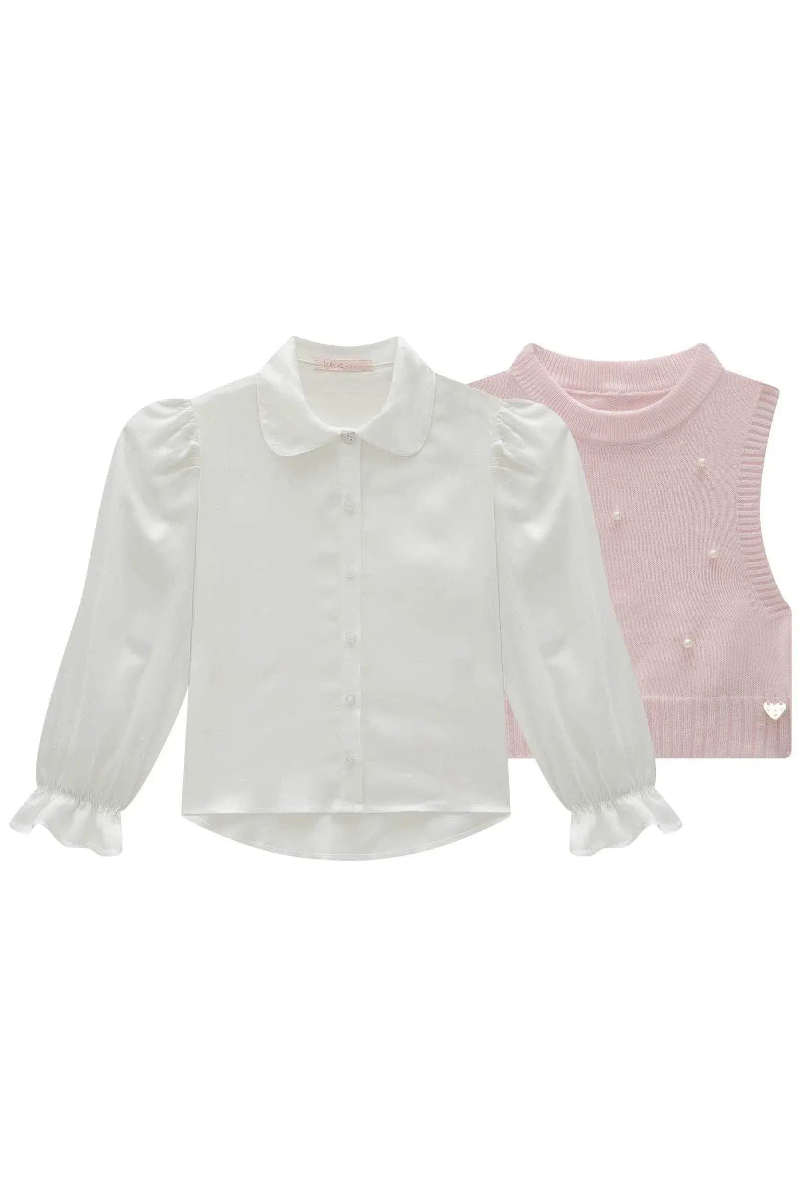 Conjunto de Camisa em Viscose Sarjada com Colete em Tricot 100% Algodão 78602 Kukiê Infantil Menina