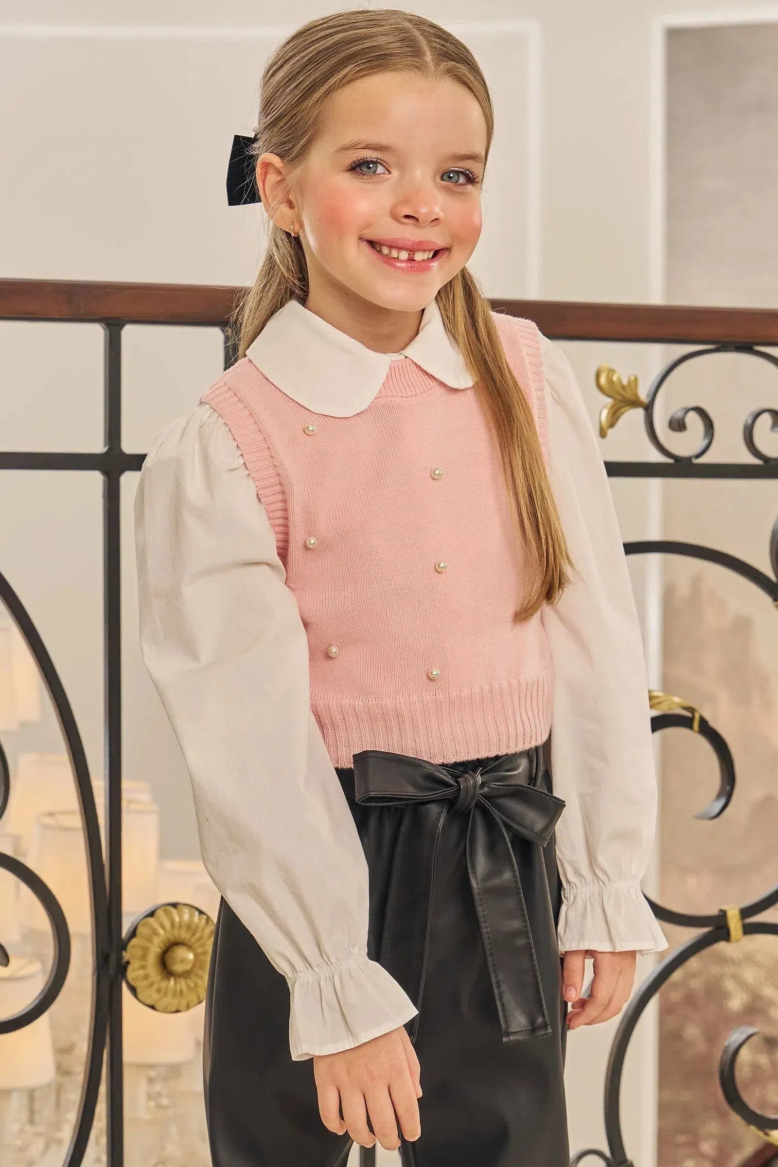 Conjunto de Camisa em Viscose Sarjada com Colete em Tricot 100% Algodão 78602 Kukiê Infantil Menina