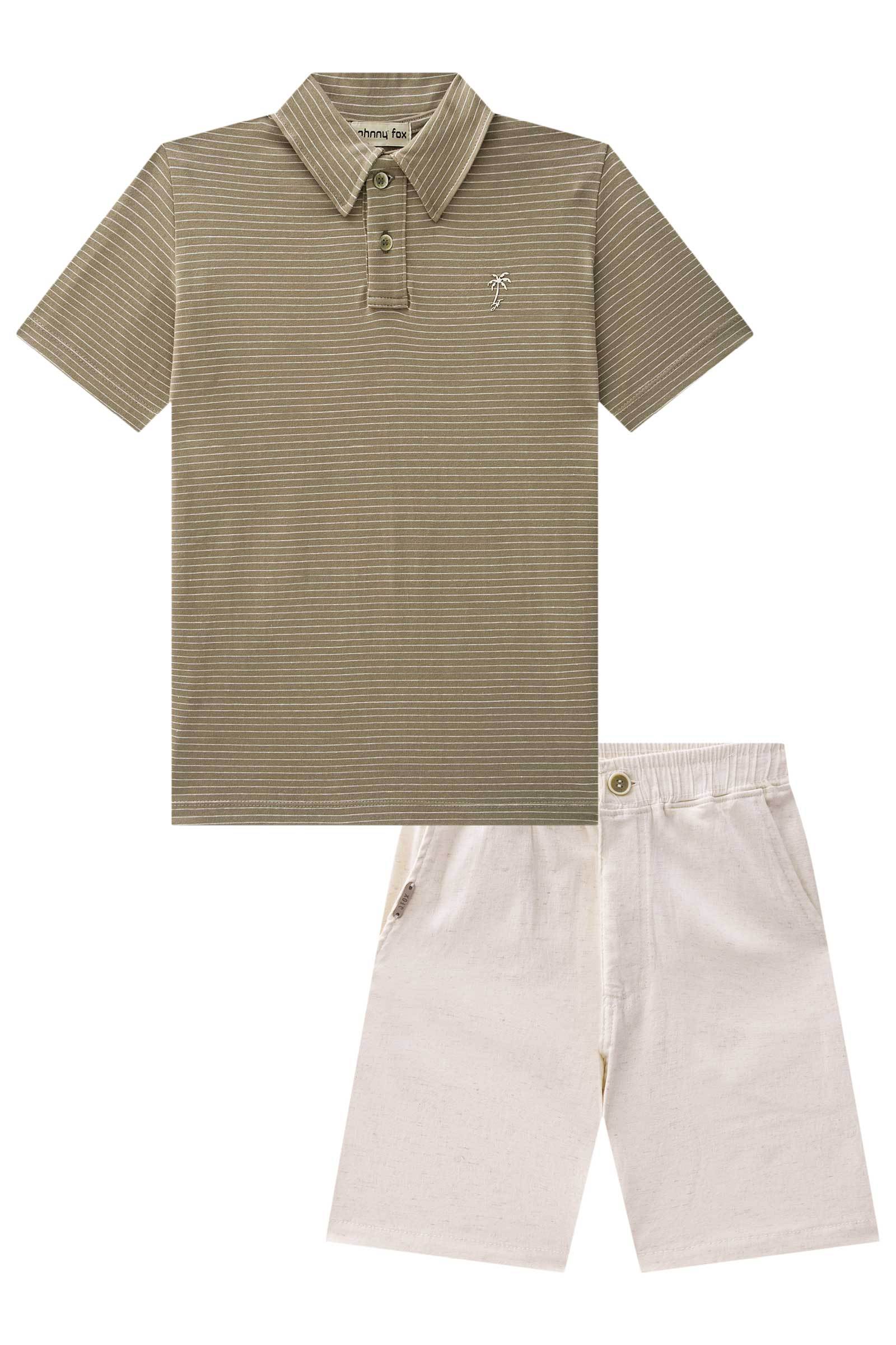 Conjunto de Camisa Polo em Cotton Listrado Fio Tinto e Bermuda em Linho Panamá com Elastano 75789 Johnny Fox