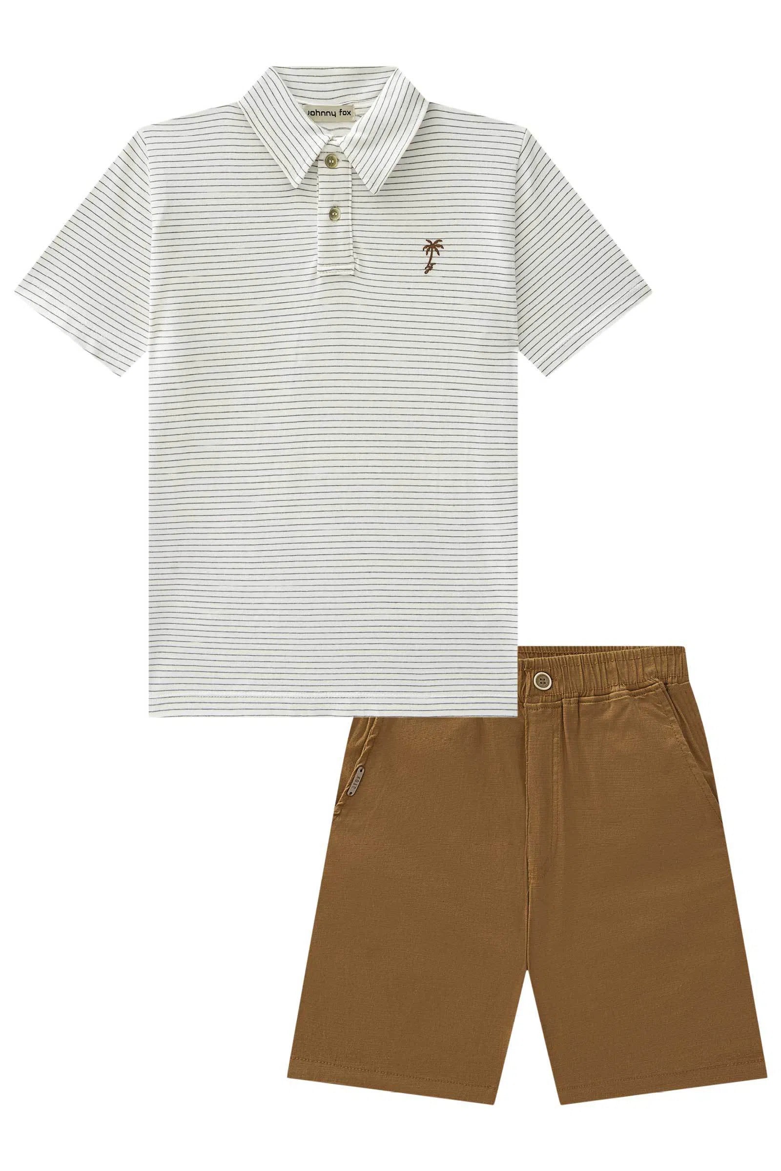 Conjunto de Camisa Polo em Cotton Listrado Fio Tinto e Bermuda em Linho Panamá com Elastano 75789 Johnny Fox