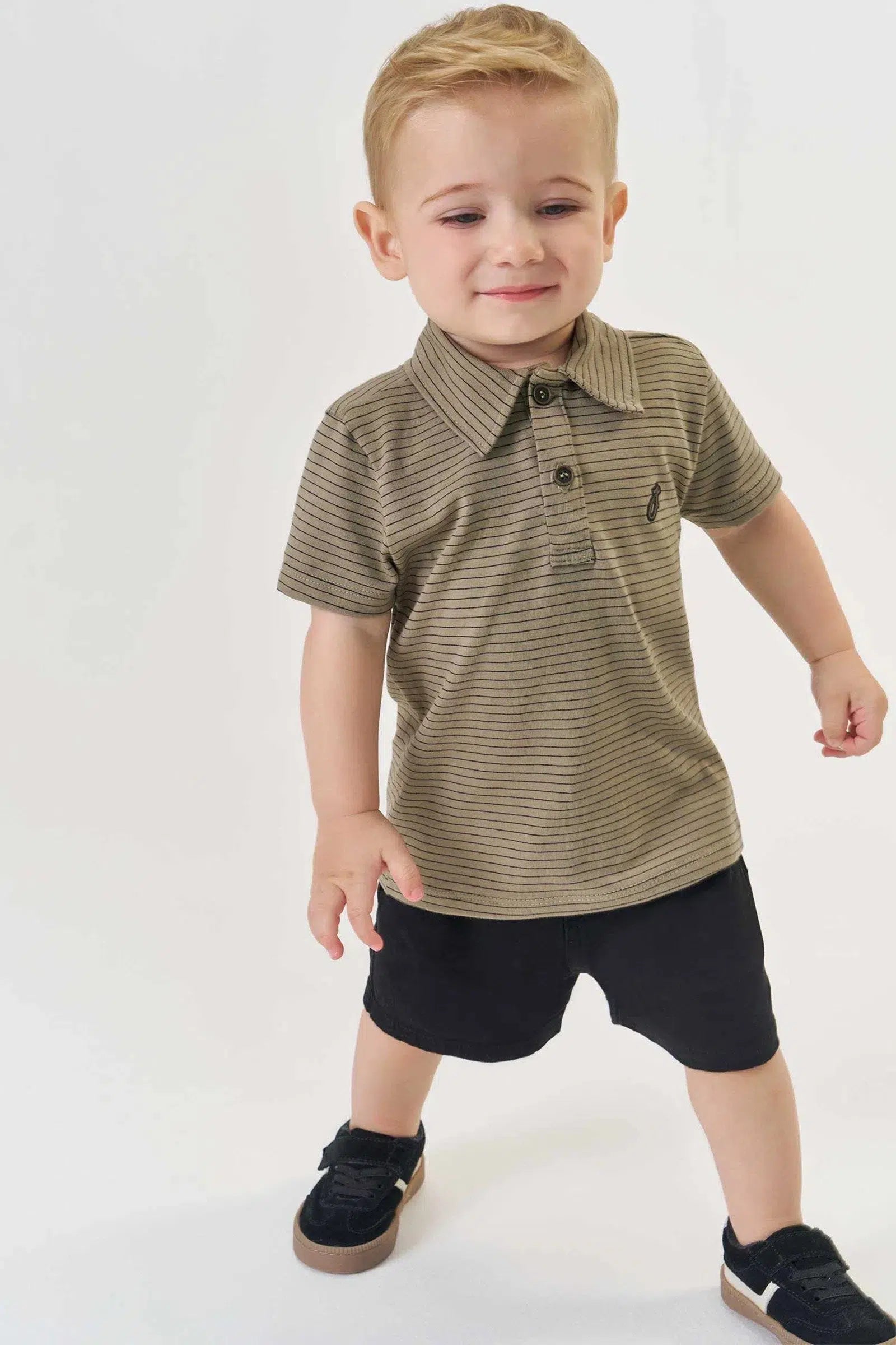 Conjunto de Camisa Polo em Cotton Listrado e Bermuda em Sarja Ônix com Elastano 81630 Johnny Fox