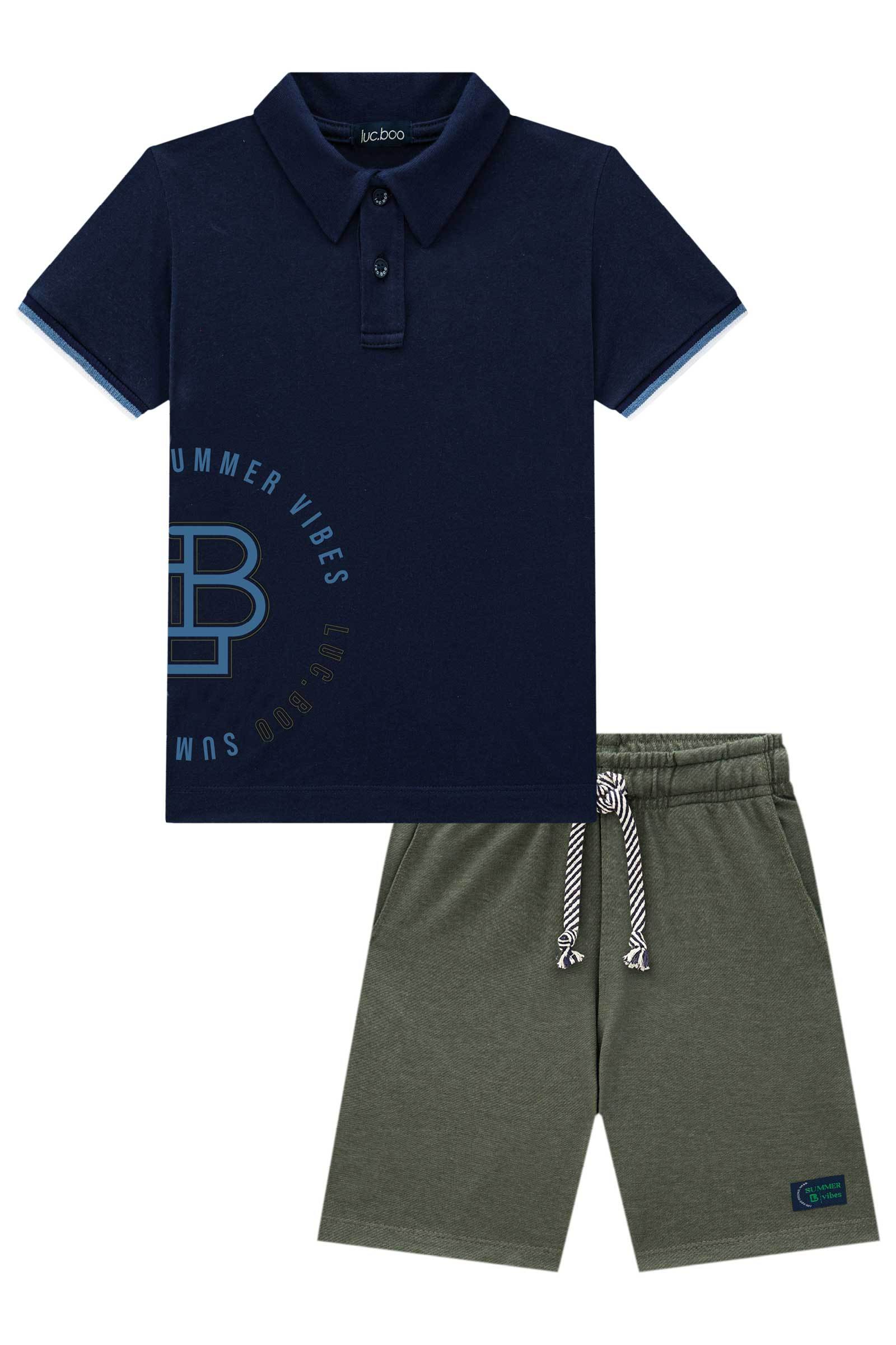Conjunto de Camisa Polo em Meia Malha e Bermuda em Cotton Jeans 74459 LucBoo