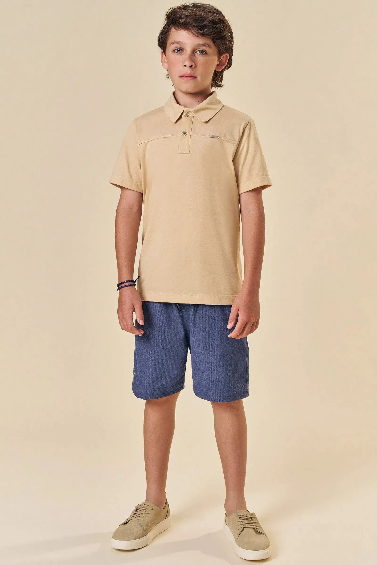 Conjunto de Camisa Polo em Meia Malha e Bermuda em Cotton Jeans com Elastano 84102 Johnny Fox Teen Menino