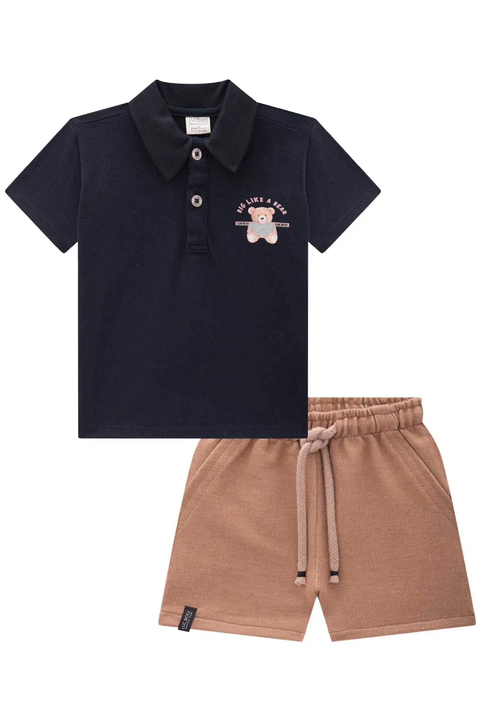 Conjunto Bebê Menino de Camisa Polo em Meia Malha e Bermuda em Moletom Trabalhado sem Pelúcia 82119 LucBoo