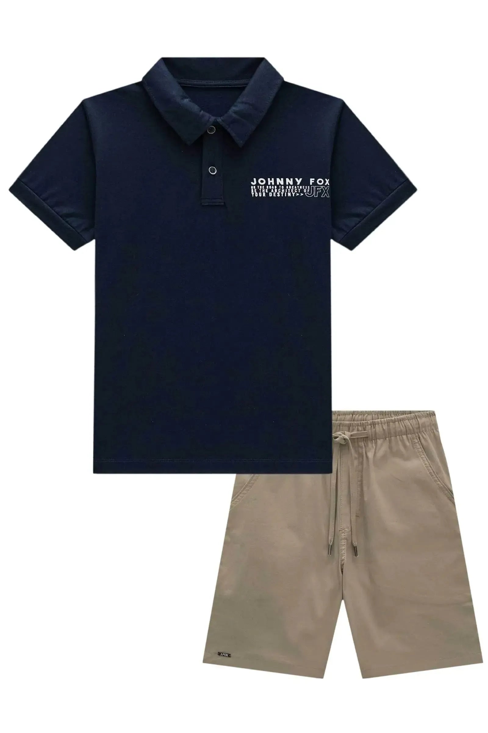 Conjunto de Camisa Polo em Meia Malha e Bermuda em Sarja Caribe com Elastano 85068 Johnny Fox Teen Menino