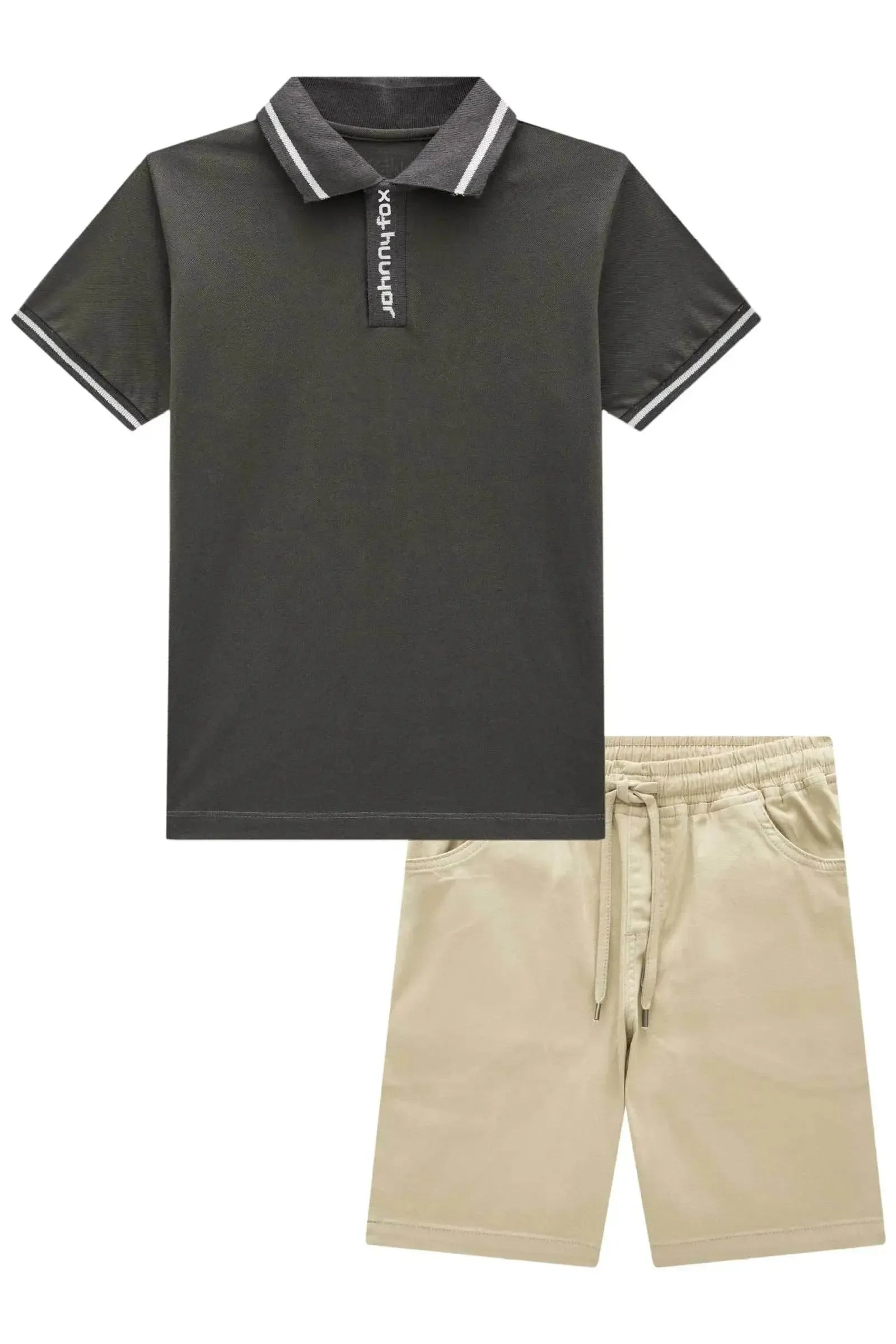 Conjunto de Camisa Polo em Piquet com Elastano e Bermuda em Sarja Onix com Elastano 85071 Johnny Fox Teen Menino