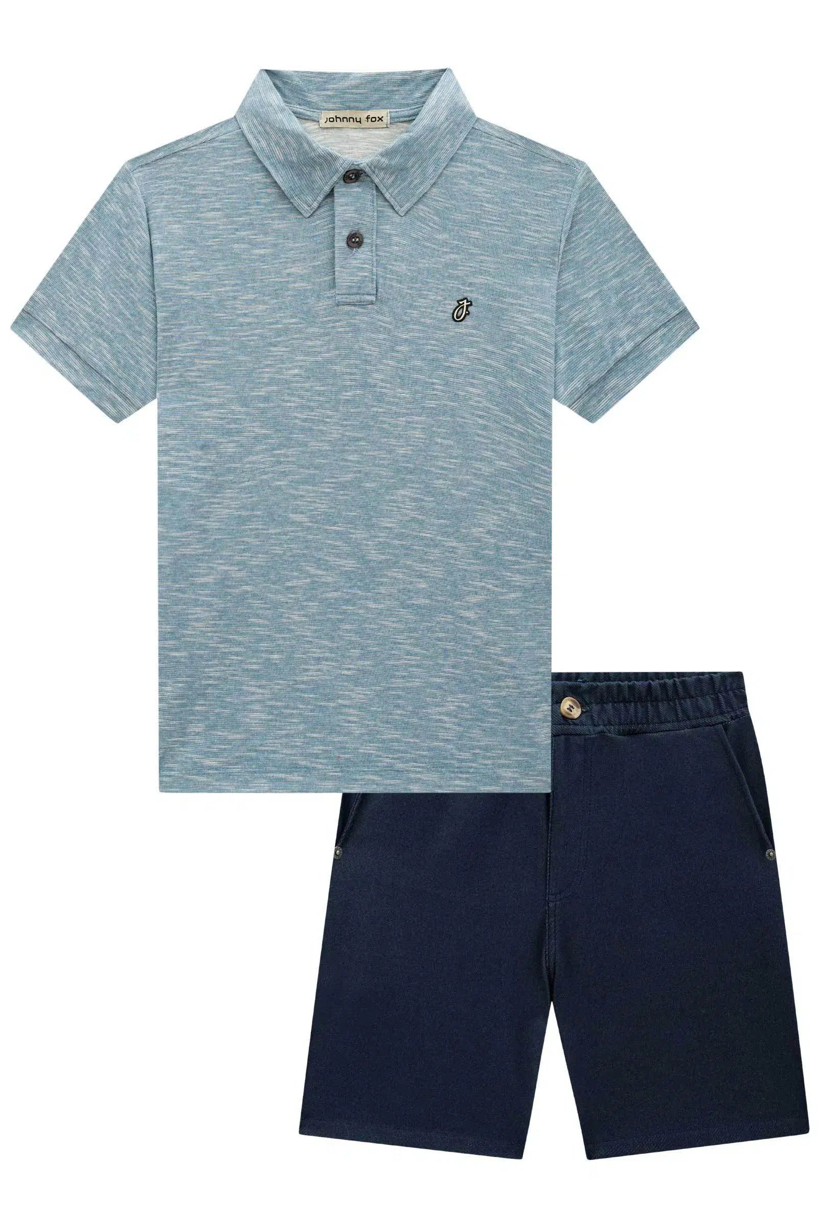 Conjunto de Camisa Polo Malha Diferenciada Fio Flamê e Bermuda em Cotton Jeans C/ Elastano 72766 Johnny Fox