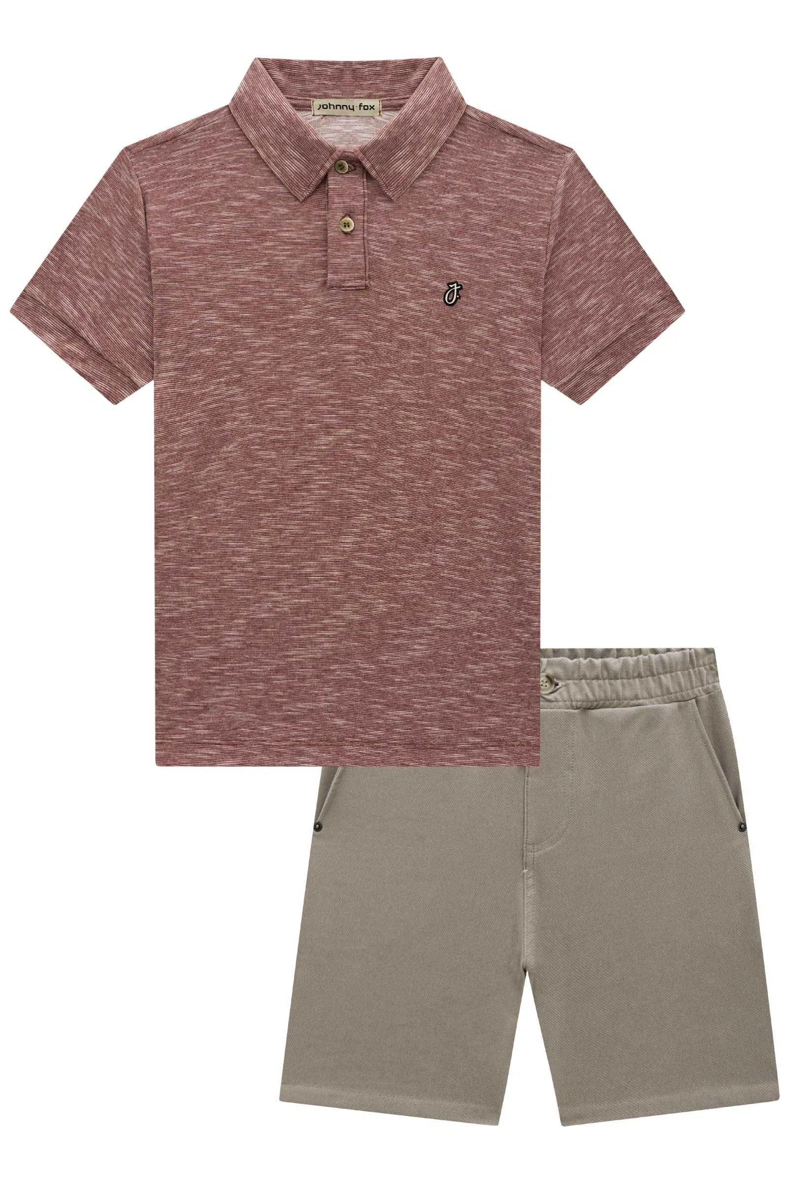 Conjunto de Camisa Polo Malha Diferenciada Fio Flamê e Bermuda em Cotton Jeans C/ Elastano 72766 Johnny Fox