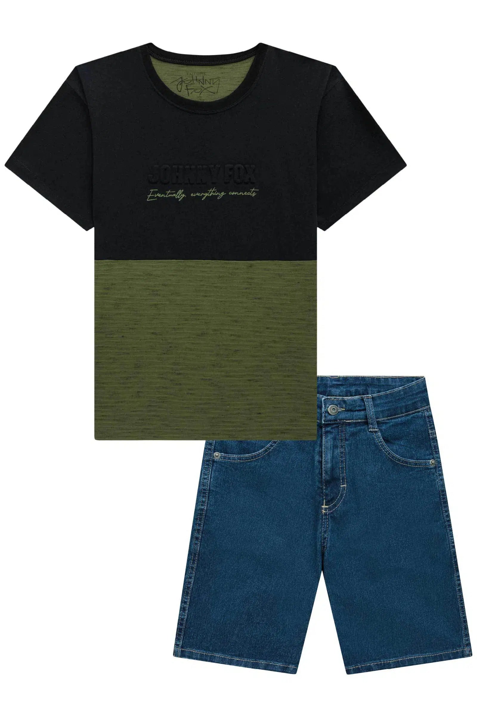 Conjunto de Camiseta em Meia Malha com Detalhe em Cotton e Bermuda em Jeans Belline com Ela 72478 Johnny Fox