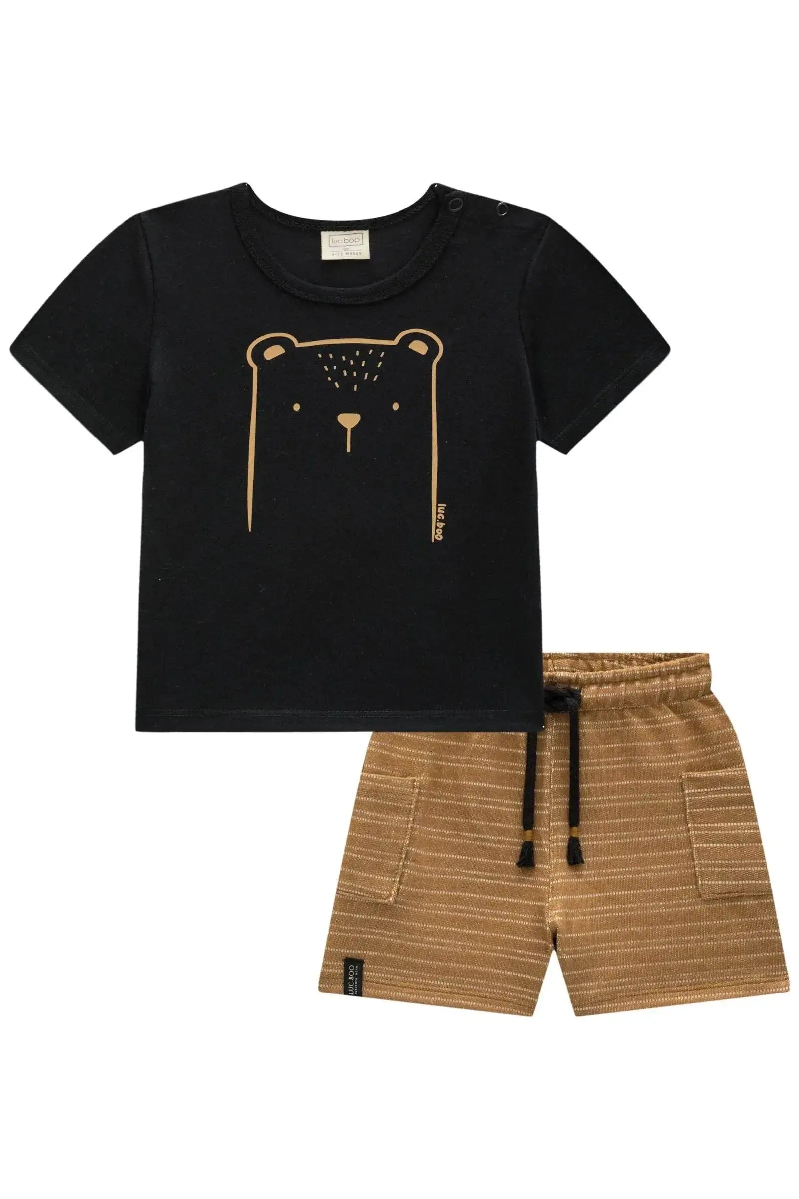 Conjunto de Camiseta em Meia Malha e Bermuda em Moletom Listrado sem Pelúcia 84744 LucBoo Bebê Menino
