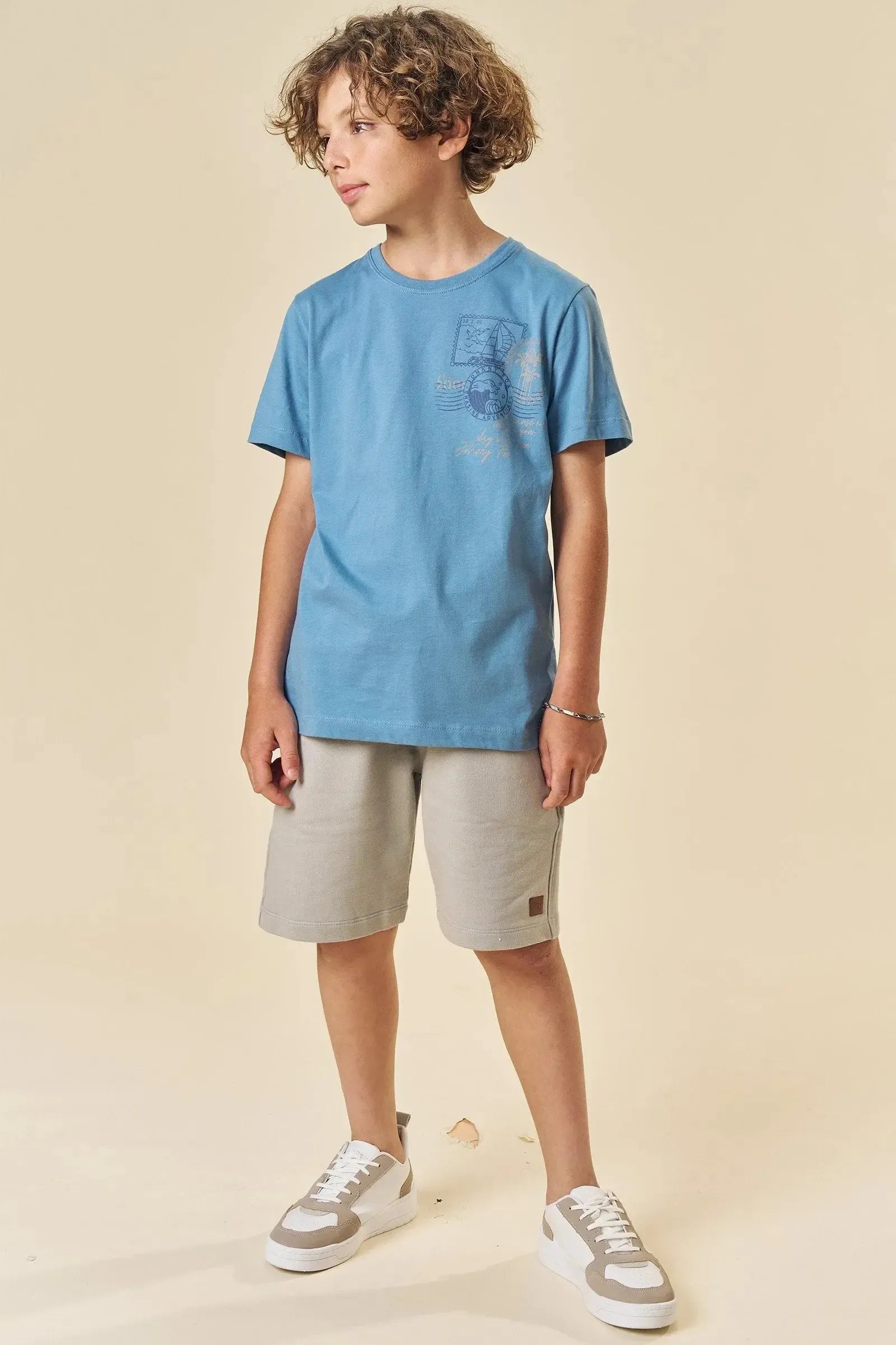Conjunto de Camiseta em Meia Malha e Bermuda em Moletom sem Pelúcia 84067 Johnny Fox Teen Menino
