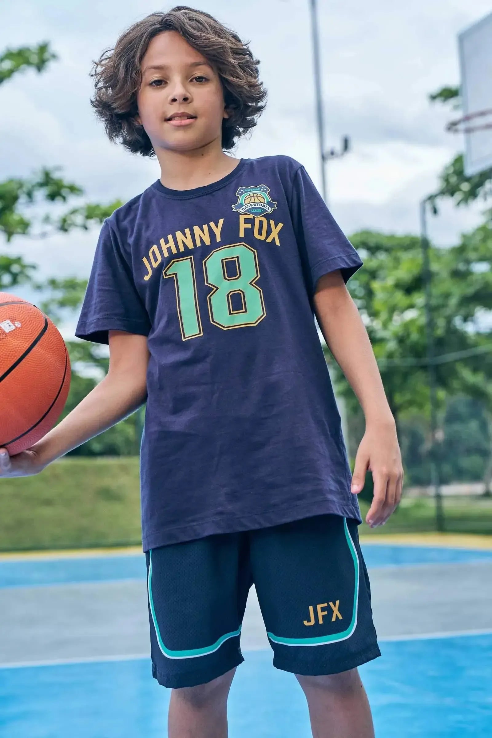 Conjunto de Camiseta em Meia Malha e Bermuda em Nylon Ergonomic 85684 Johnny Fox Teen Menino