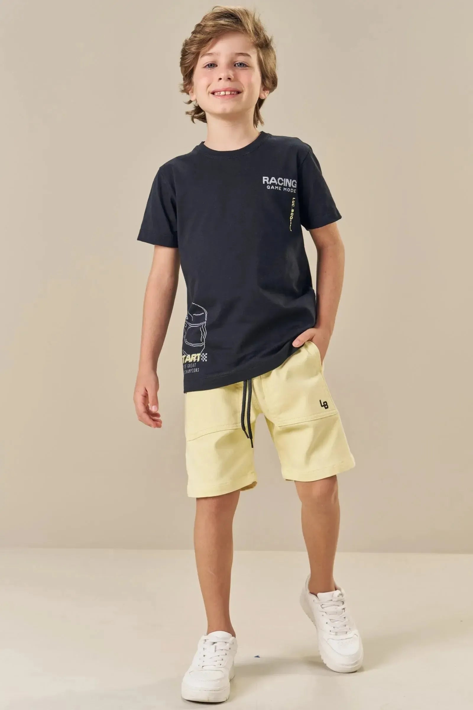 Conjunto de Camiseta em Meia Malha e Bermuda em Sarja Soft com Elastano 84517 LucBoo Infantil Menino