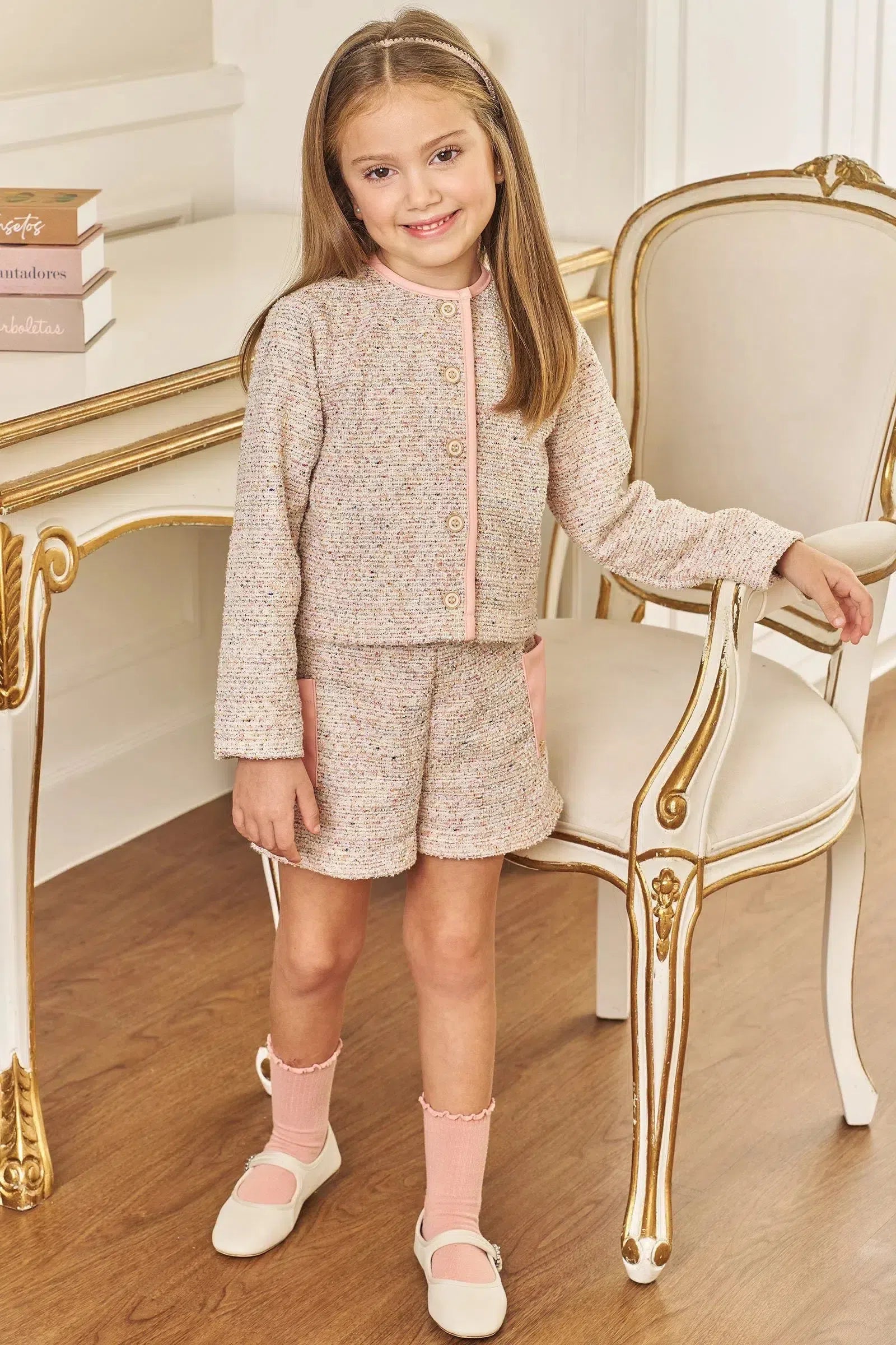 Conjunto de Casaqueto e Short em Malha Tweed Brilho e Couro Eco 79849 Kukiê Infantil Menina