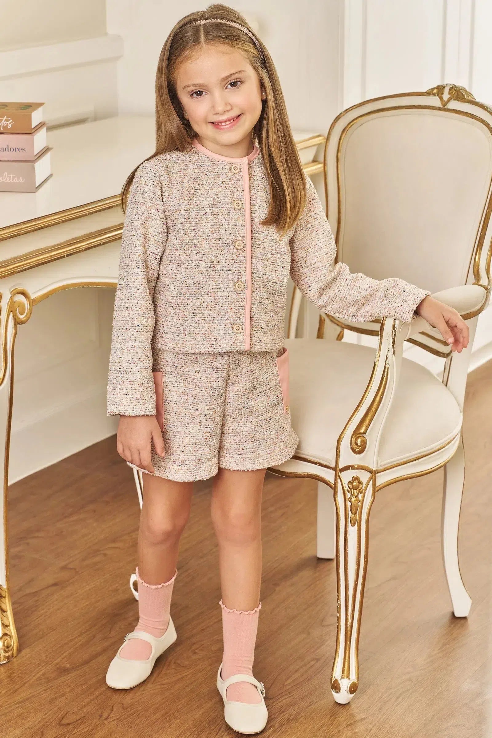 Conjunto de Casaqueto e Short em Malha Tweed Brilho e Couro Eco 79849 Kukiê Infantil Menina