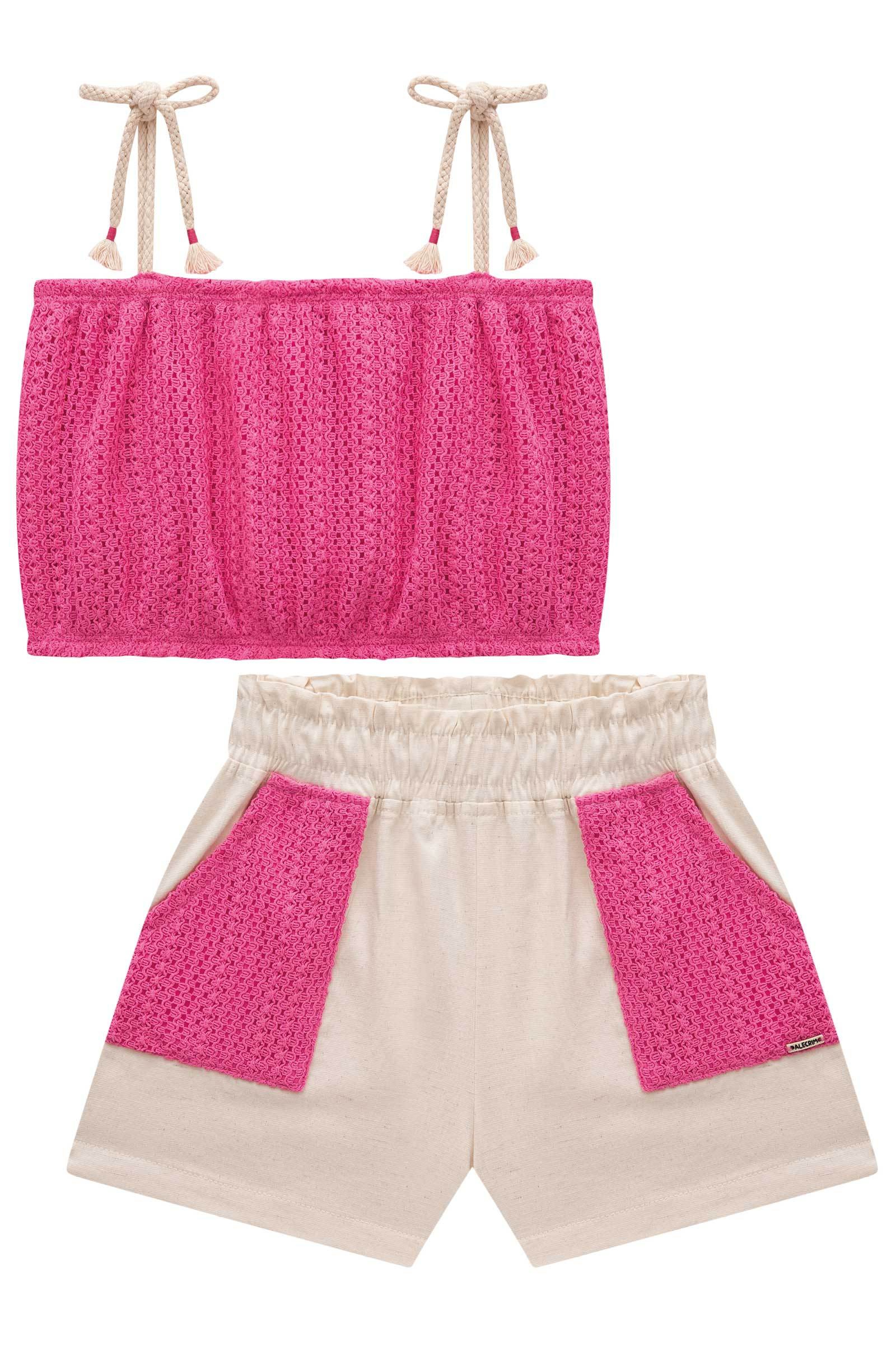 Conjunto de Cropped em Malha Tricot e Shorts em Linho Santorine com Elastano 77693 Kukiê