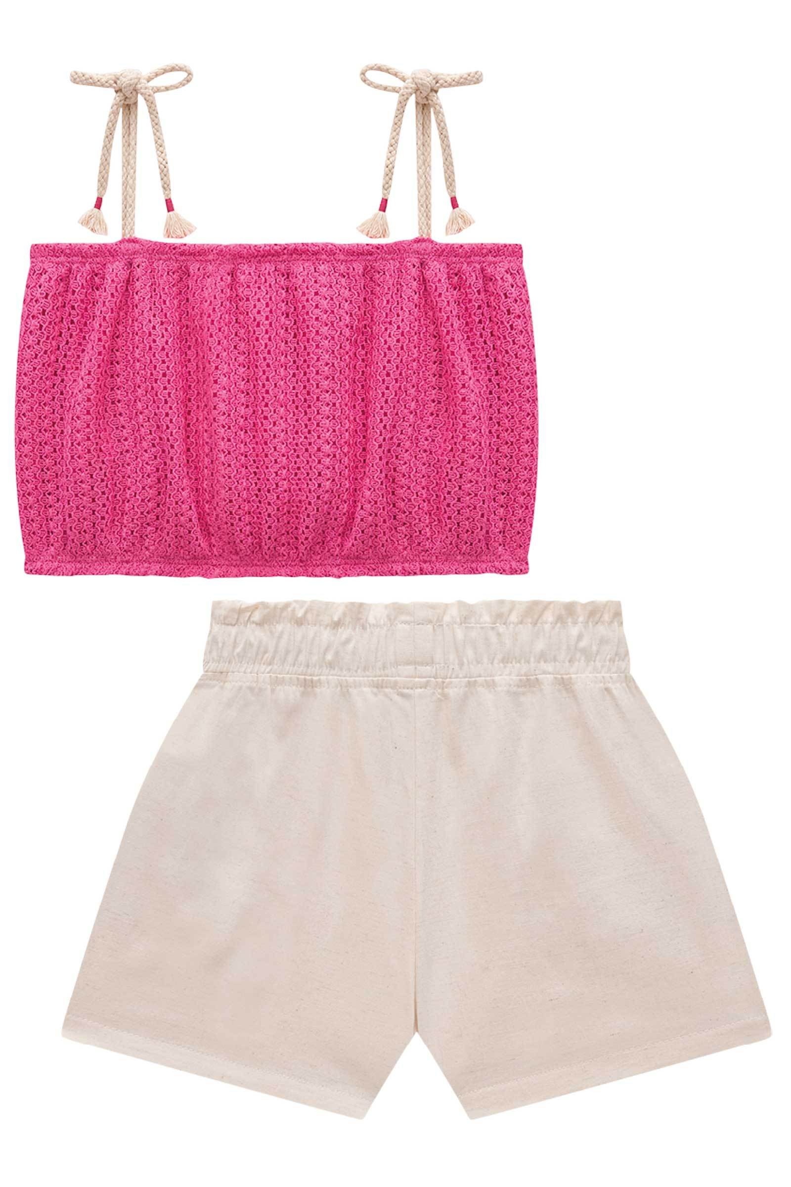 Conjunto de Cropped em Malha Tricot e Shorts em Linho Santorine com Elastano 77693 Kukiê