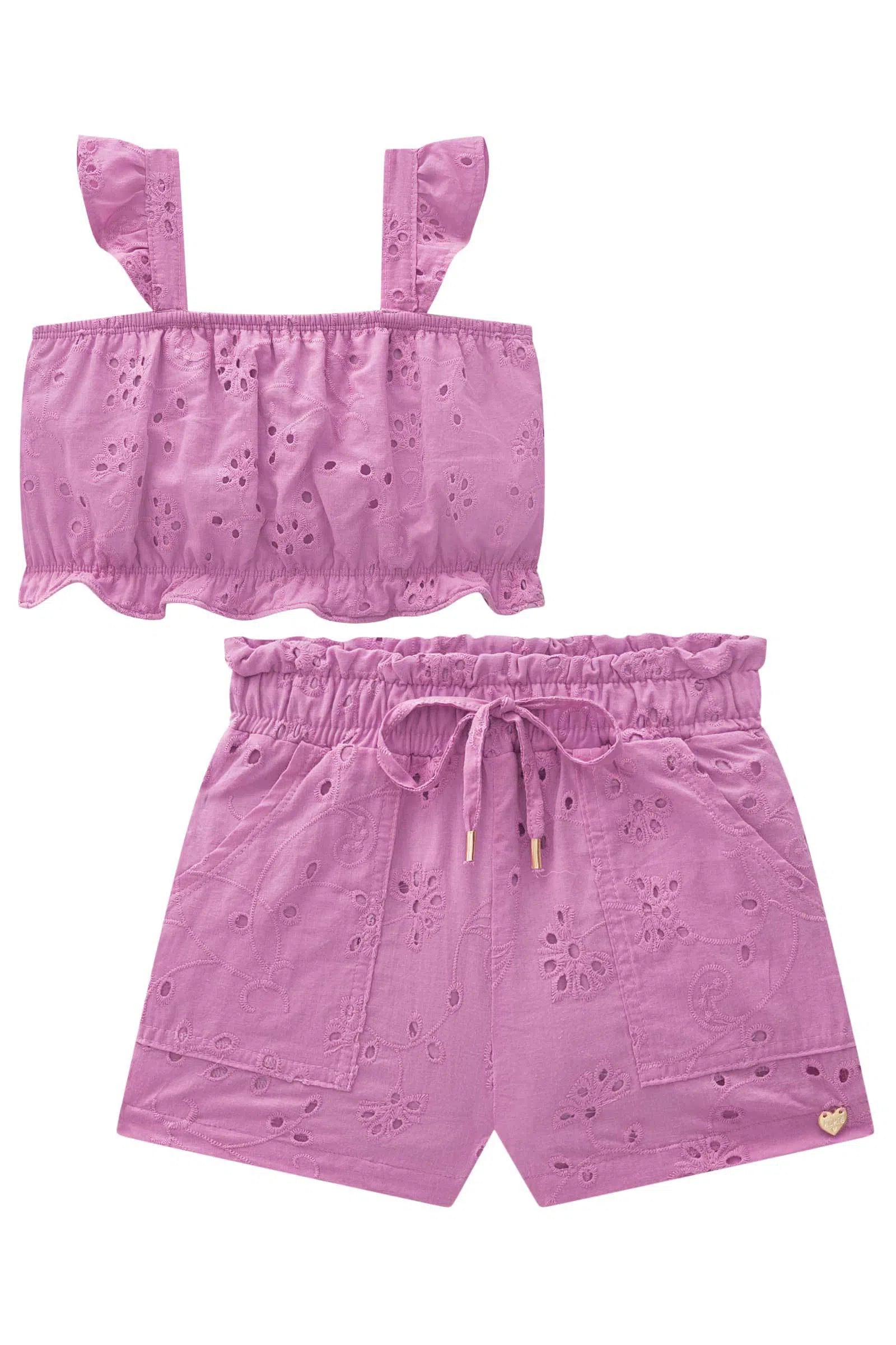 Conjunto de Cropped e Shorts em Laise 75740 Kukiê