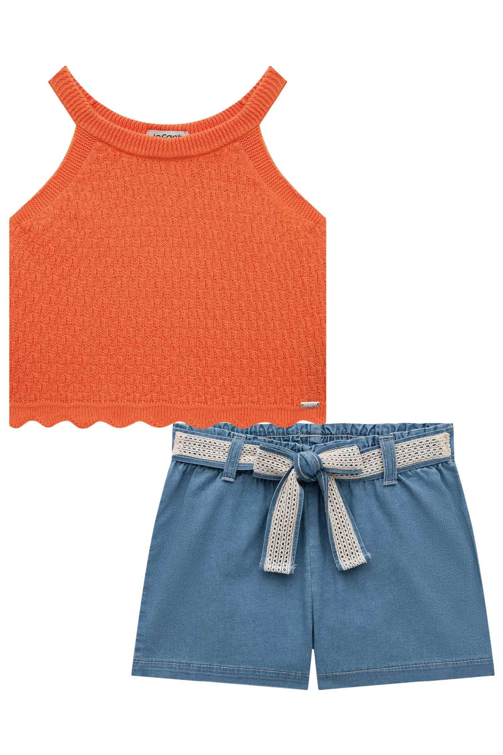 Conjunto de Cropped em Tricot com Shorts em Jeans Liz com Elastano 74333 Infanti