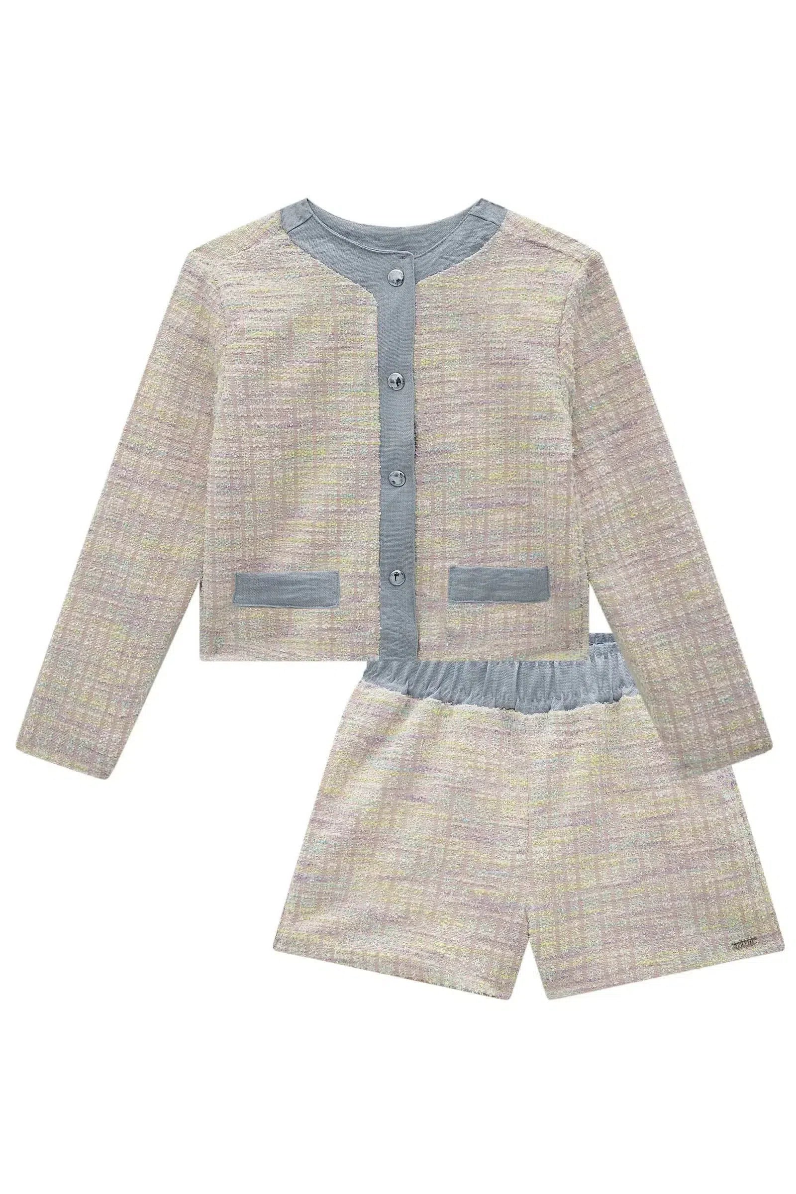 Conjunto de Jaqueta Boxy e Shorts em Malha Tweed Firenzi 80982 Infanti Infantil Menina