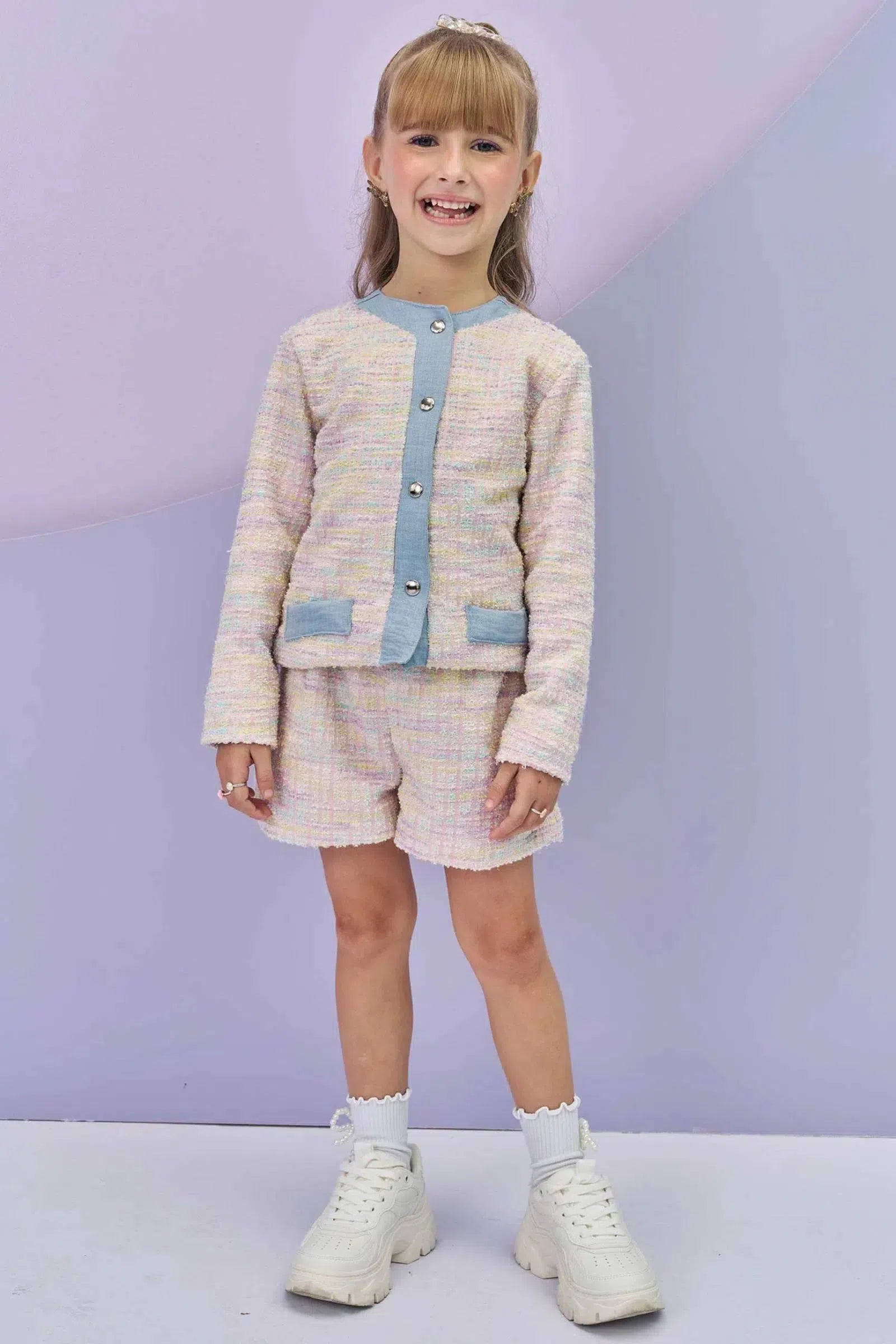 Conjunto de Jaqueta Boxy e Shorts em Malha Tweed Firenzi 80982 Infanti Infantil Menina