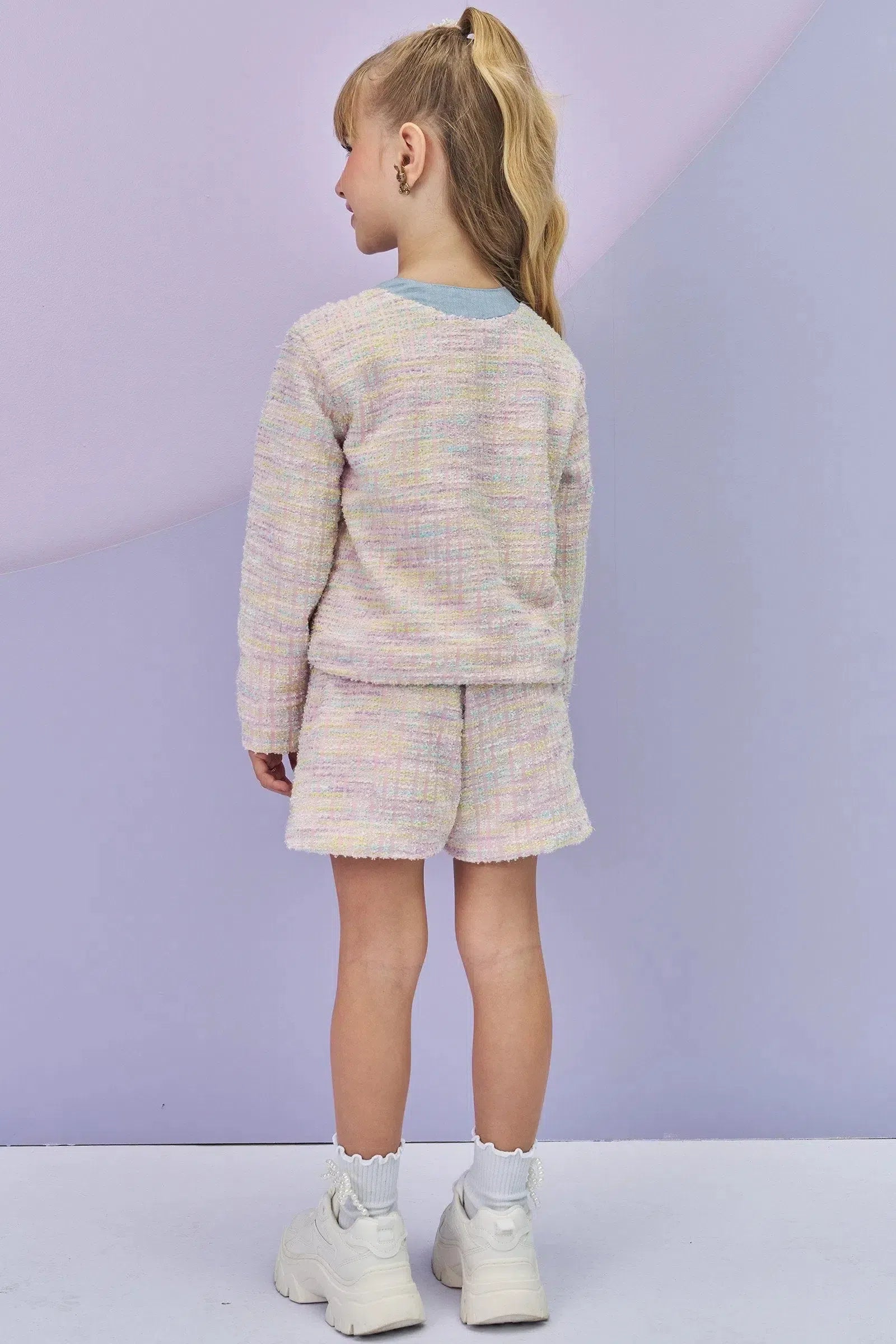 Conjunto de Jaqueta Boxy e Shorts em Malha Tweed Firenzi 80982 Infanti Infantil Menina