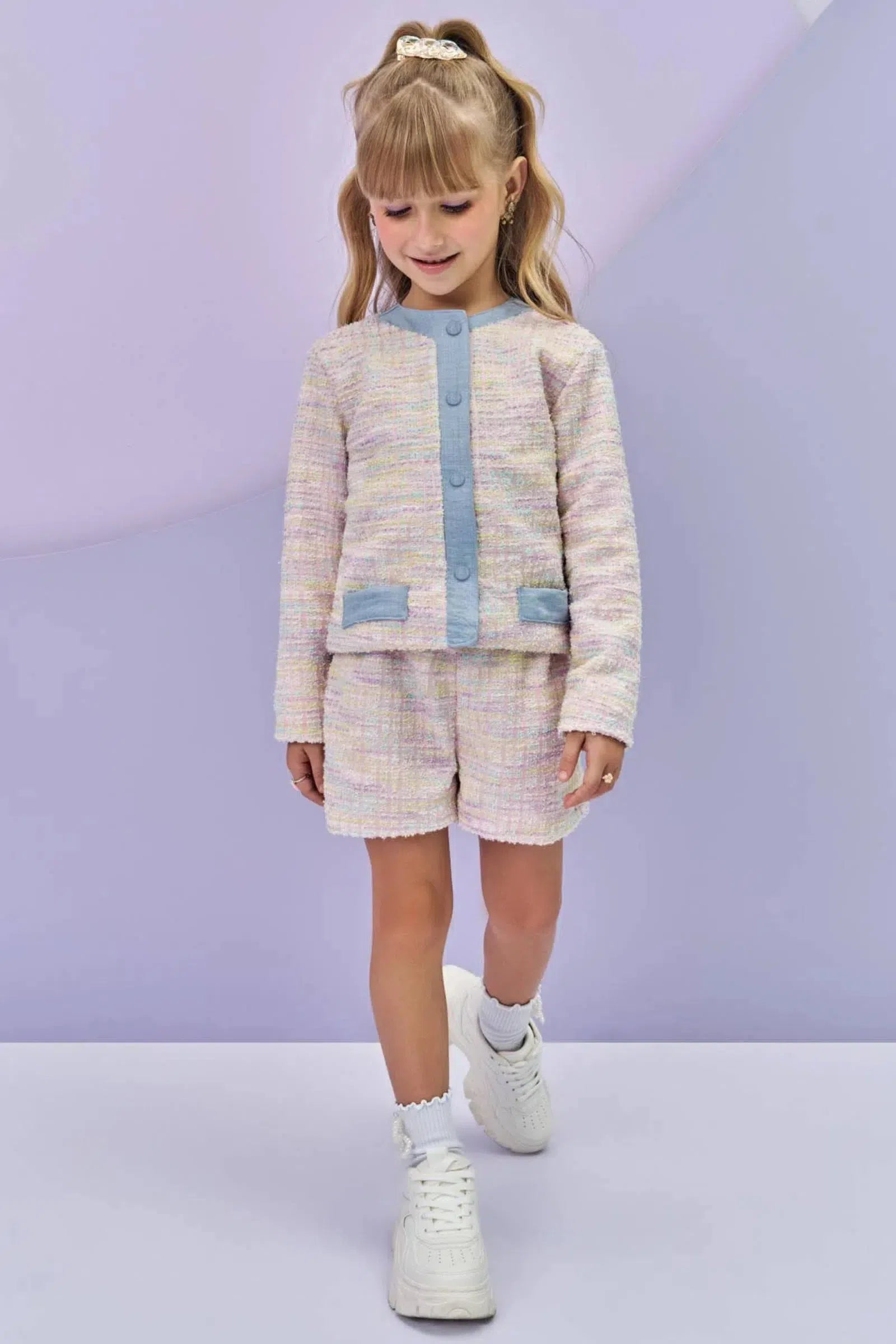 Conjunto de Jaqueta Boxy e Shorts em Malha Tweed Firenzi 80982 Infanti Infantil Menina