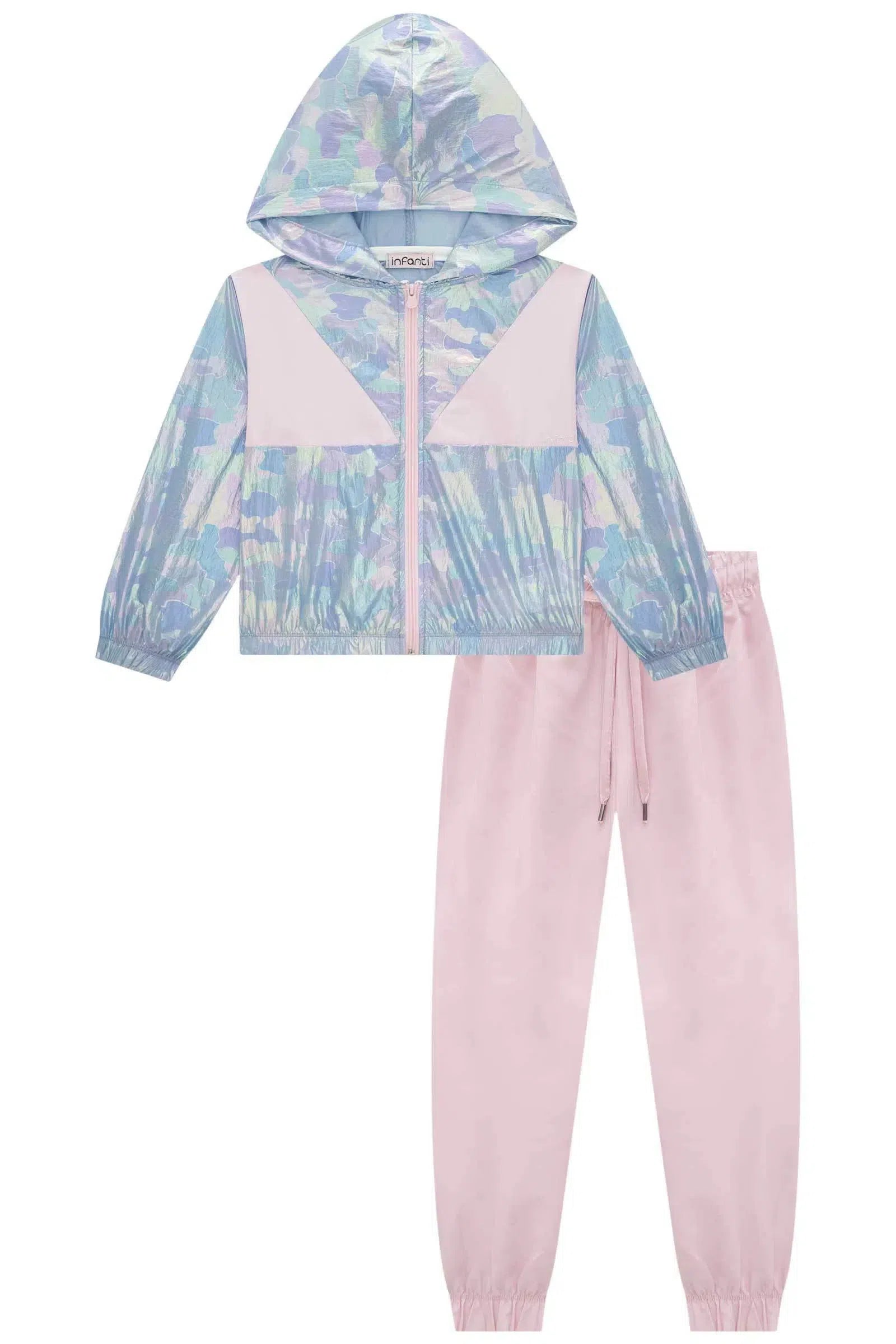 Conjunto de Jaqueta Corta Vento e Calça em Nylon Iridescente 81218 Infanti Infantil Menina