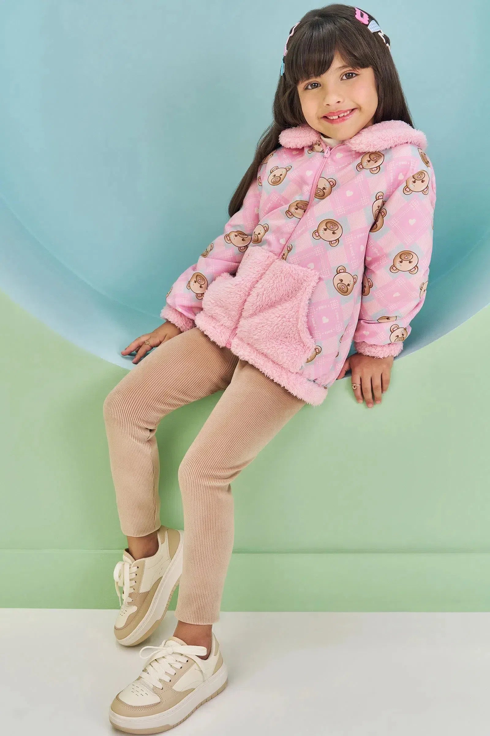 Conjunto de Jaqueta Dupla Face em Nylon Forrada com Pelo e Calça Legging em Fleece Cotelê 79743 Kukiê Infantil Menina