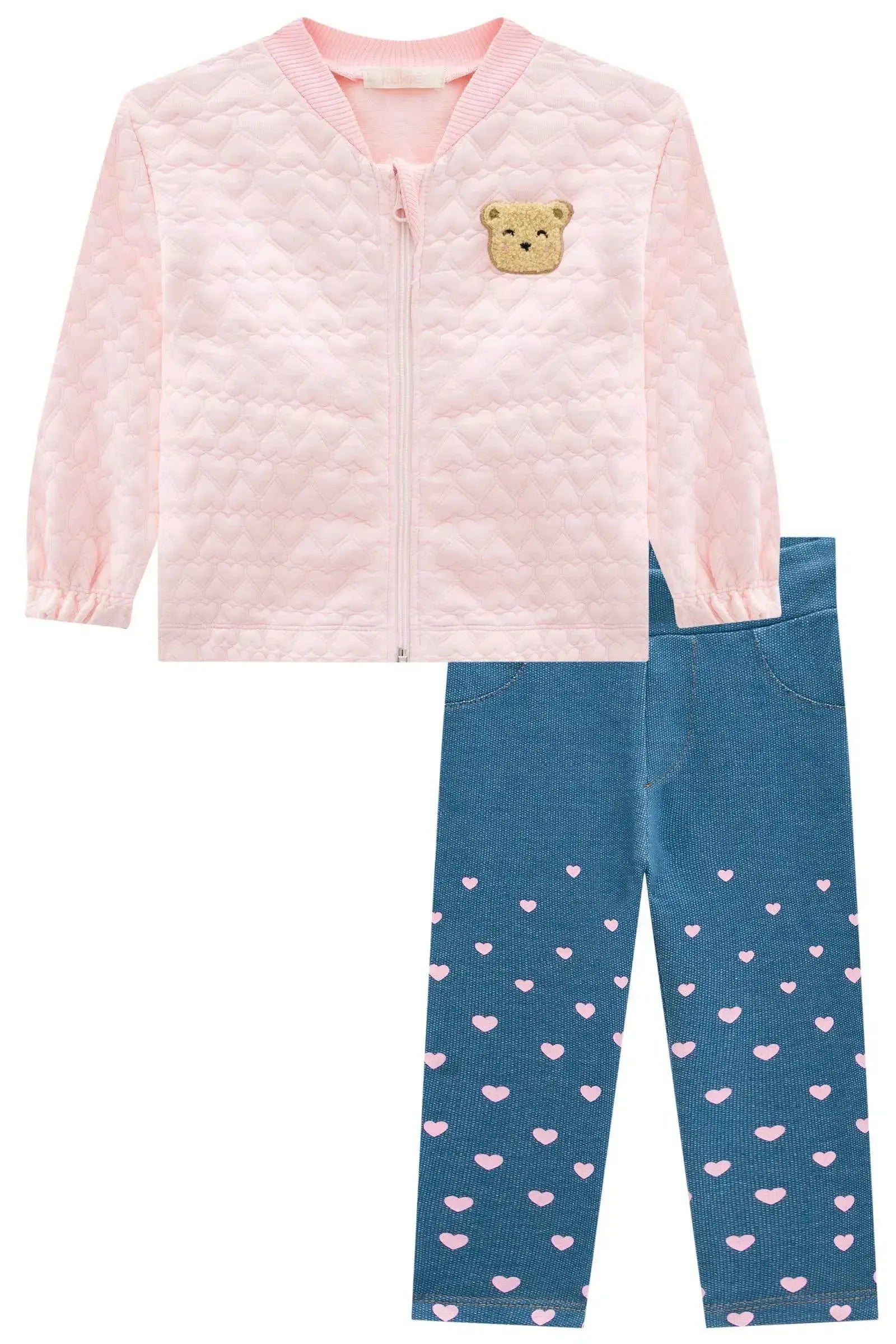 Conjunto de Jaqueta em Matelassê Coração e Legging em Malha Denim 71683 Kukiê