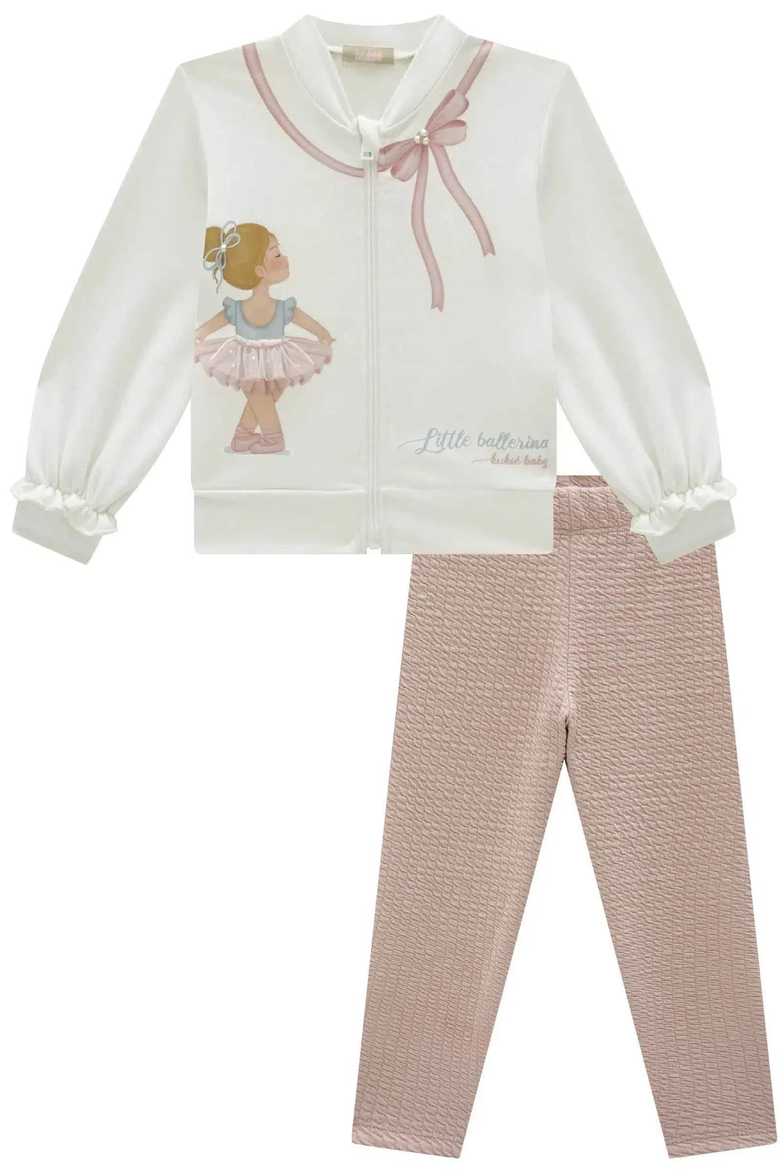 Conjunto de Jaqueta em Molecotton e Calça em Jacquard Soviello 80619 Kukiê Bebê Menina