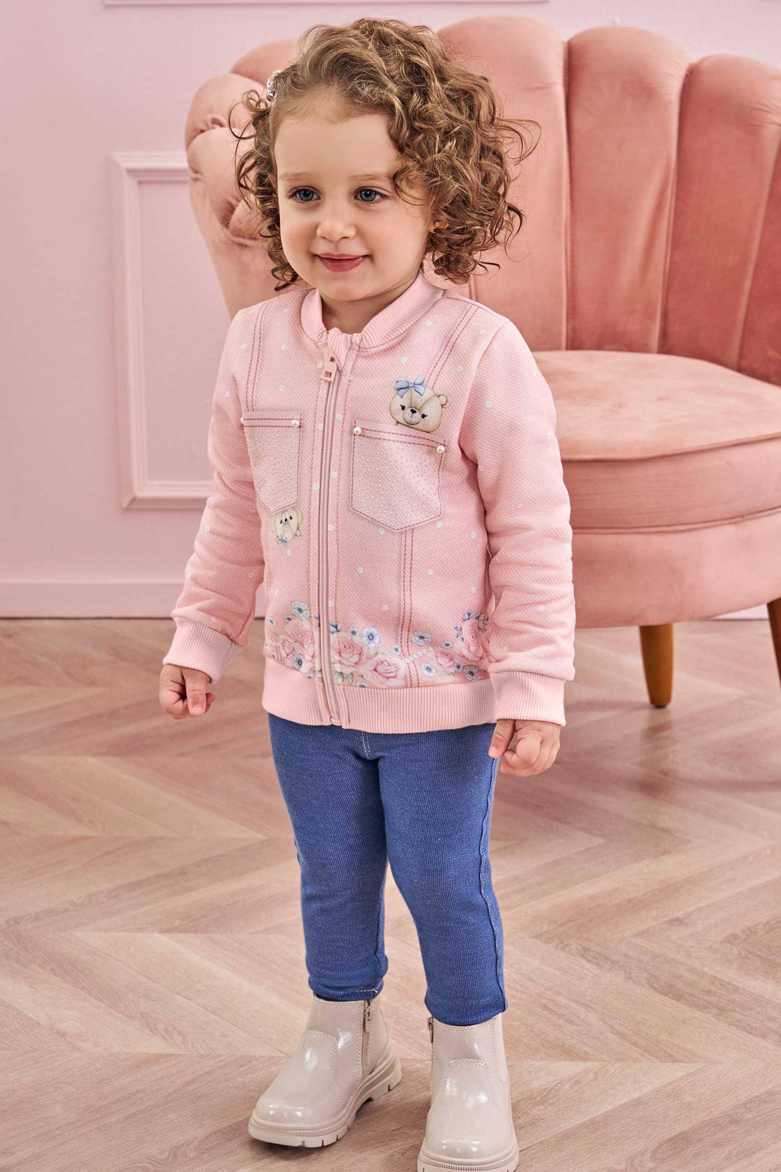 Conjunto de Jaqueta em Moletom com Pelúcia e Calça em Malha Denim 80059 Infanti Bebê Menina