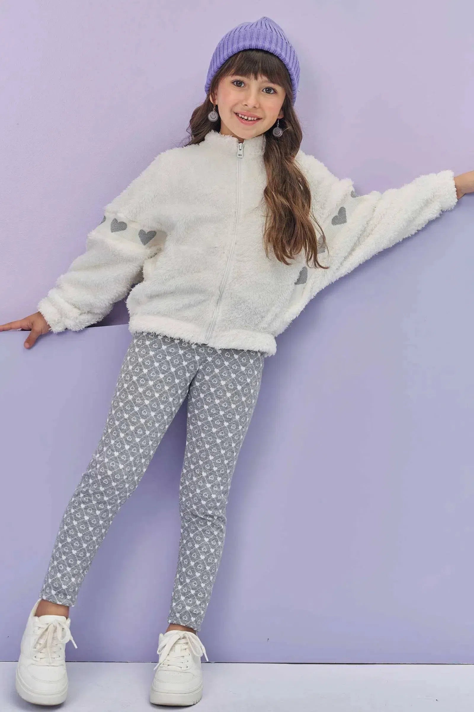 Conjunto de Jaqueta em Pelo Carneirinho e Calça Legging em Jacquard Coração 80387 Infanti Infantil Menina