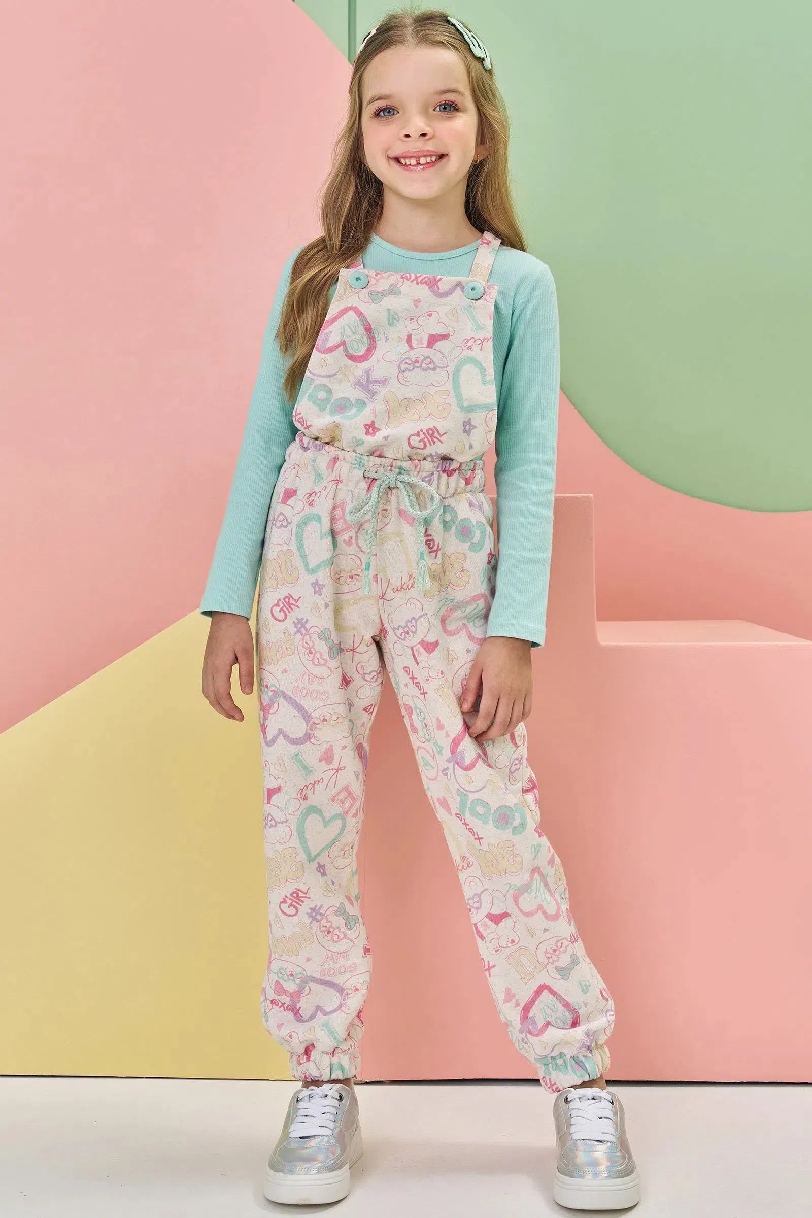 Conjunto de Jardineira em Moletom Linho e Blusa em Canelado 79483 Kukiê Infantil Menina