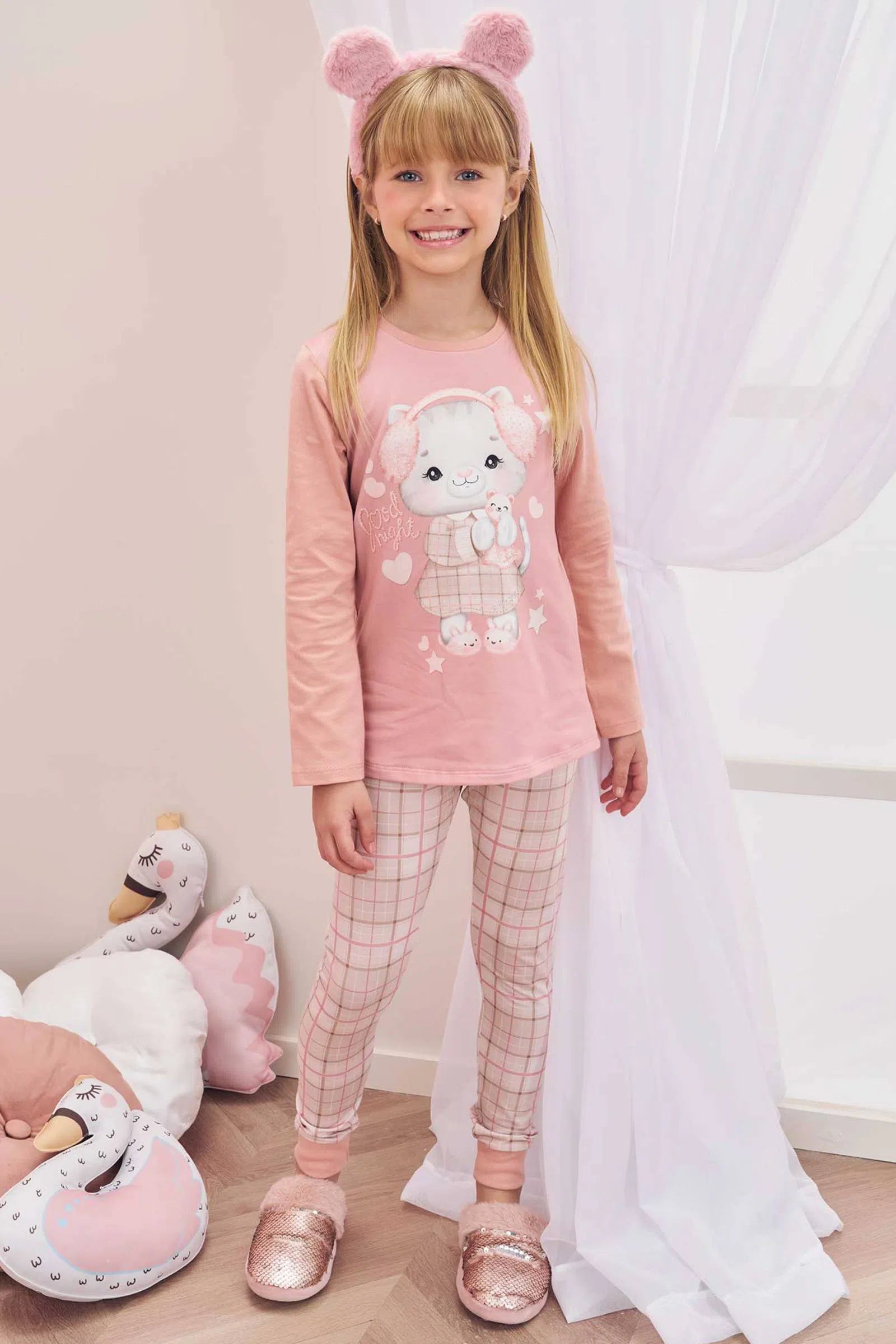 Conjunto de Pijama de Blusa em Meia Malha com Calça em Malha Comfy 80885 Infanti Infantil Menina