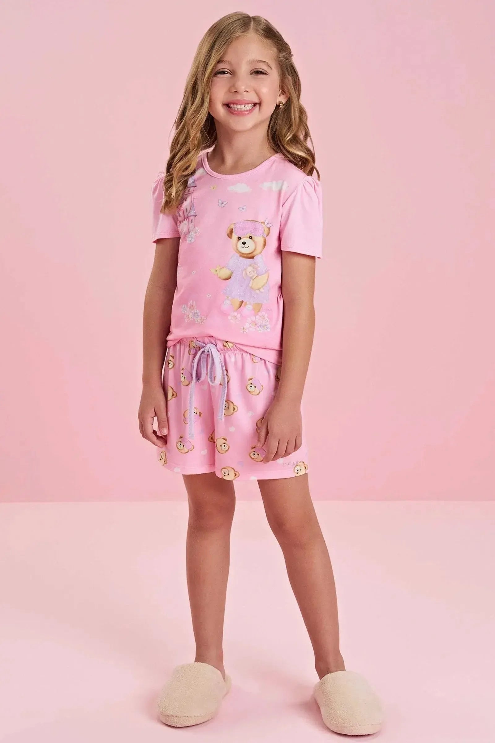 Conjunto de Pijama de Blusa em Meia Malha com Shorts e Malha Comfy 84161 Infanti Infantil Menina