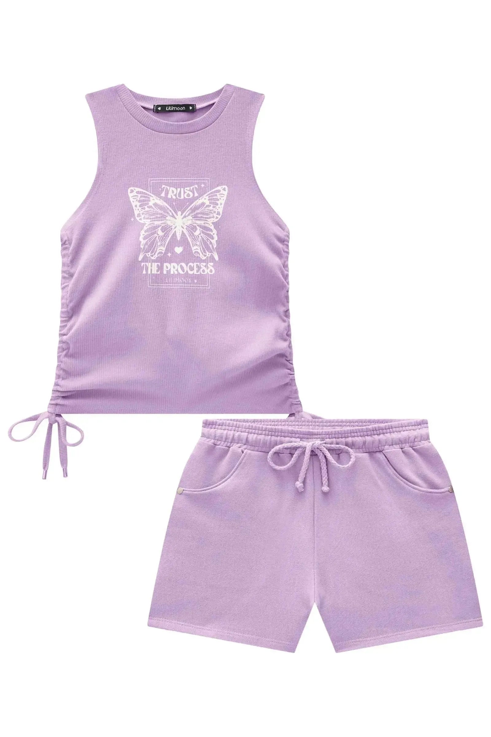 Conjunto de Regata Cropped em Canelado e Shorts em Moletom sem Pelúcia 84409 Lilimoon Teen Menina