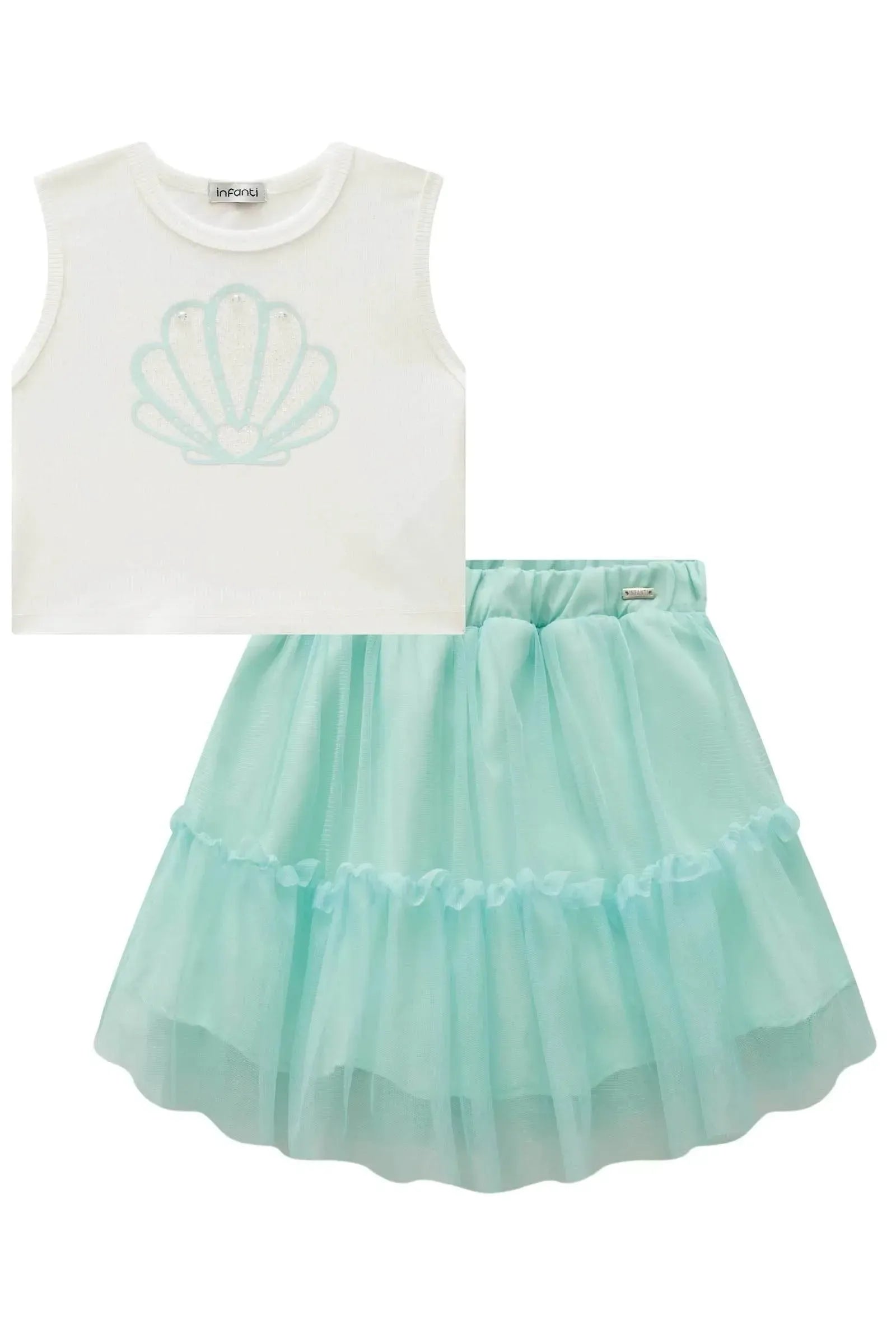 Conjunto de Regata Cropped em Canelado Liz e Saia em Tule. Com Shorts Embutido 83986 Infanti Infantil Menina