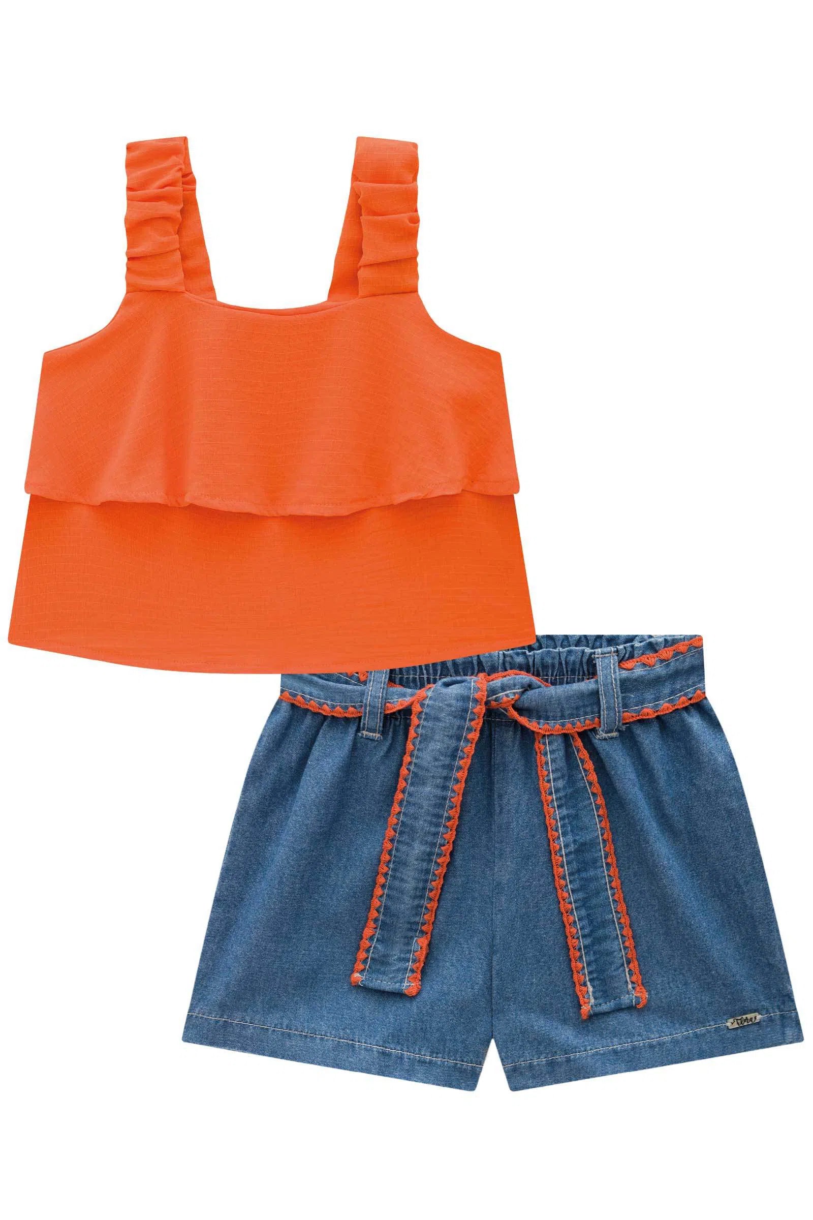 Conjunto Infantil de Regata em Air Flow Crepe Duna com Shorts em Jeans Teca 81507 Infanti