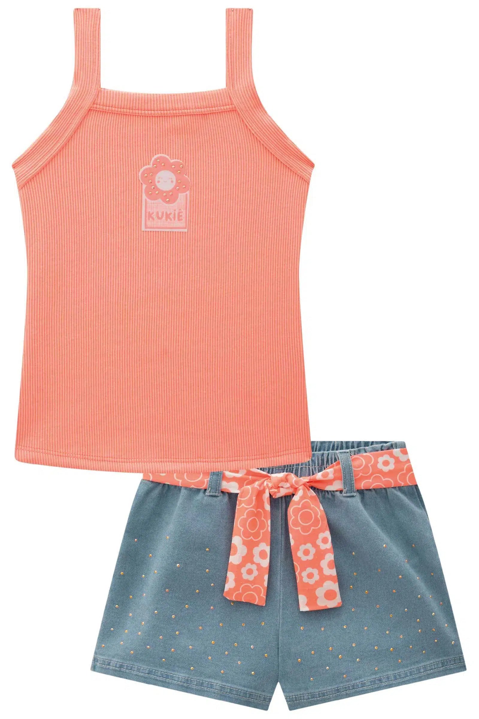 Conjunto Infantil Menina de Regata em Malha Soft Line e Shorts em Jeans com Elastano 81585 Kukiê