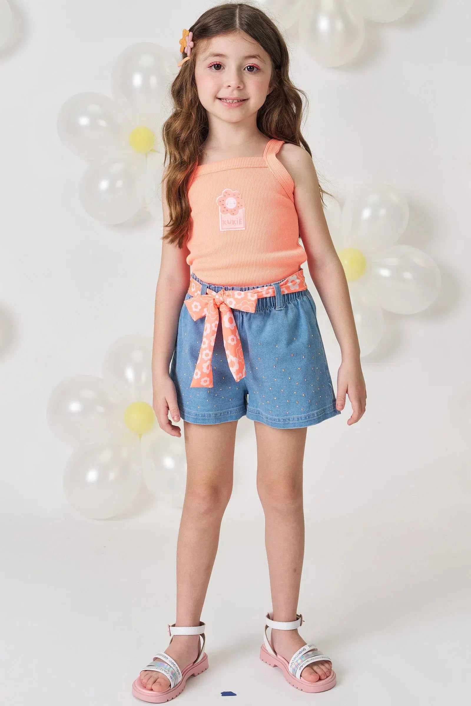 Conjunto Infantil Menina de Regata em Malha Soft Line e Shorts em Jeans com Elastano 81585 Kukiê