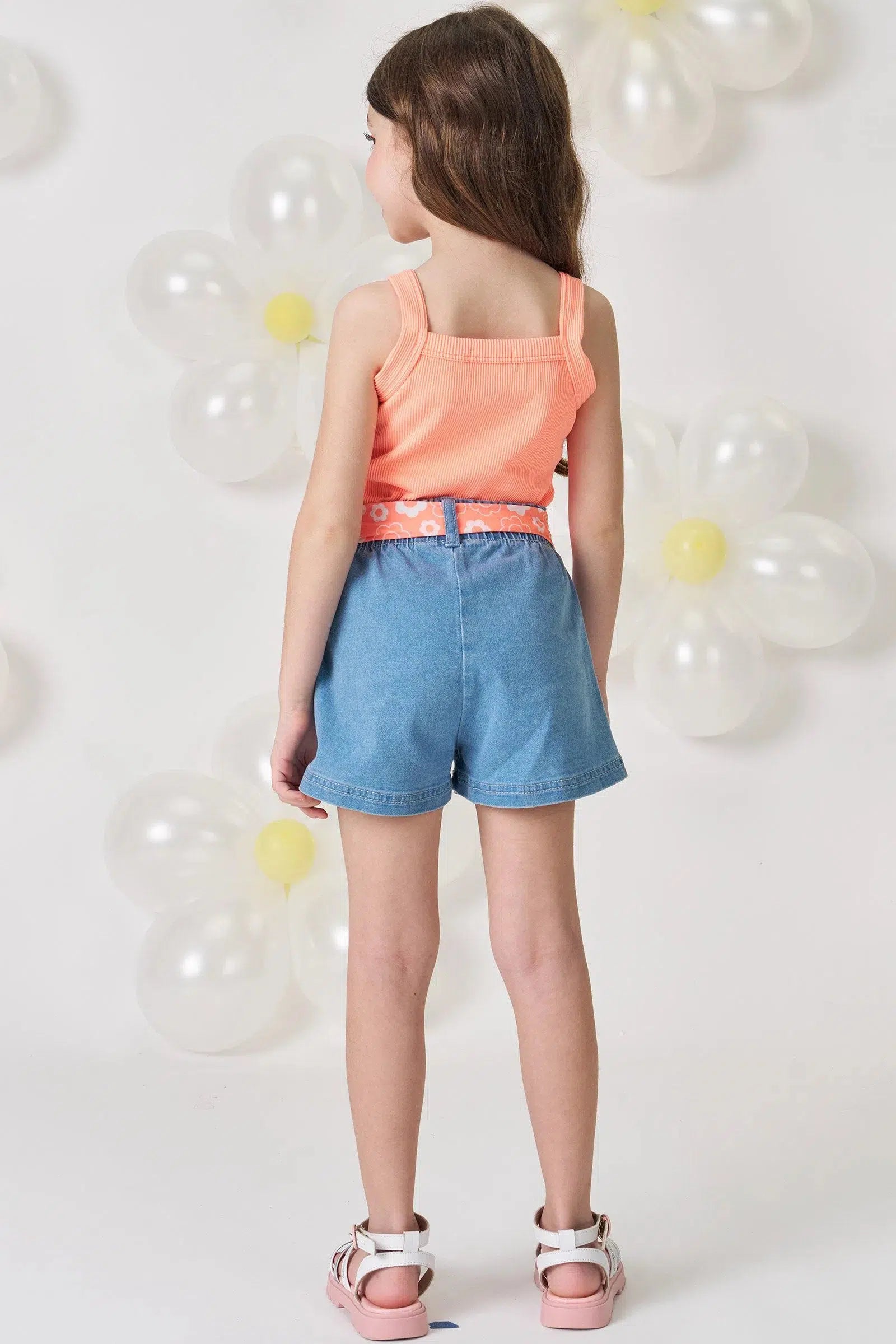 Conjunto Infantil Menina de Regata em Malha Soft Line e Shorts em Jeans com Elastano 81585 Kukiê