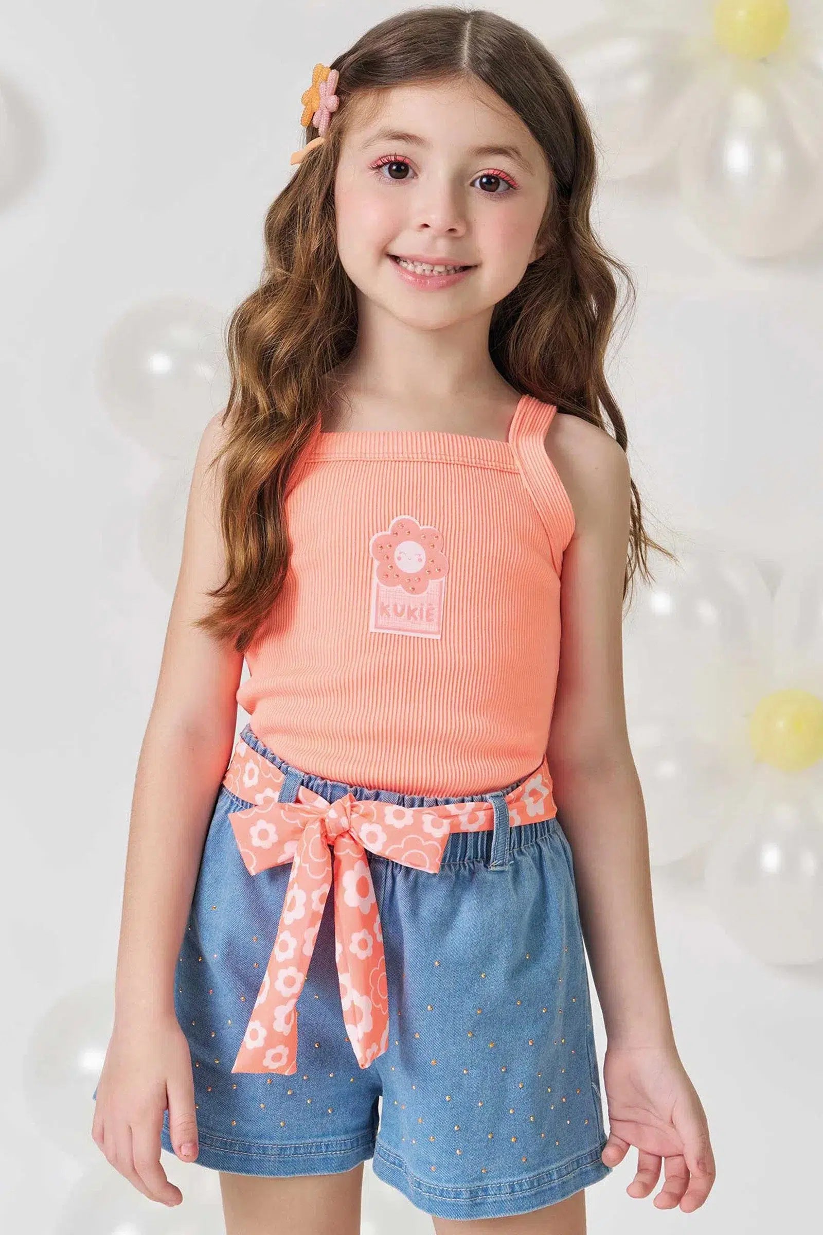 Conjunto Infantil Menina de Regata em Malha Soft Line e Shorts em Jeans com Elastano 81585 Kukiê