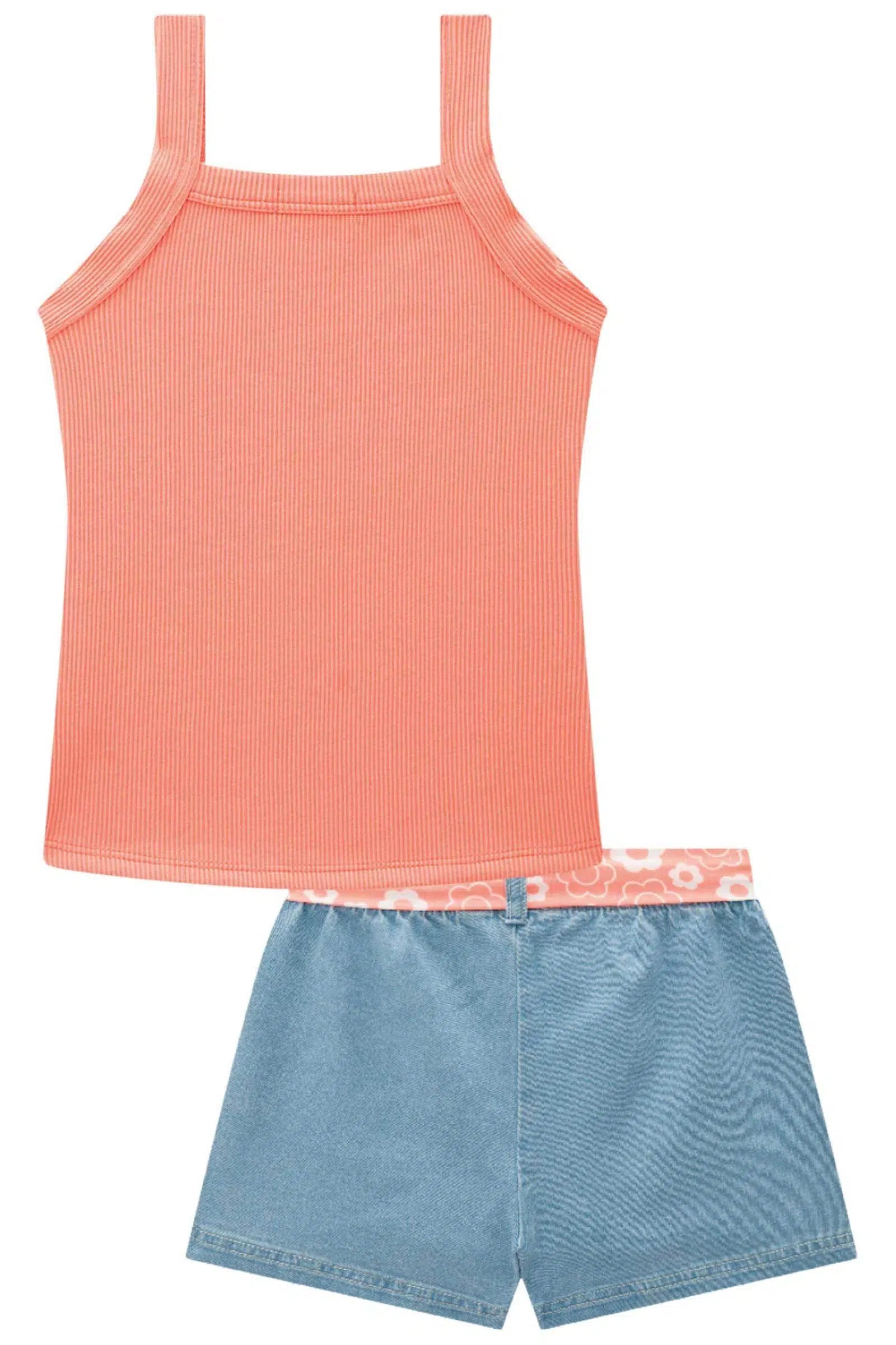 Conjunto Infantil Menina de Regata em Malha Soft Line e Shorts em Jeans com Elastano 81585 Kukiê