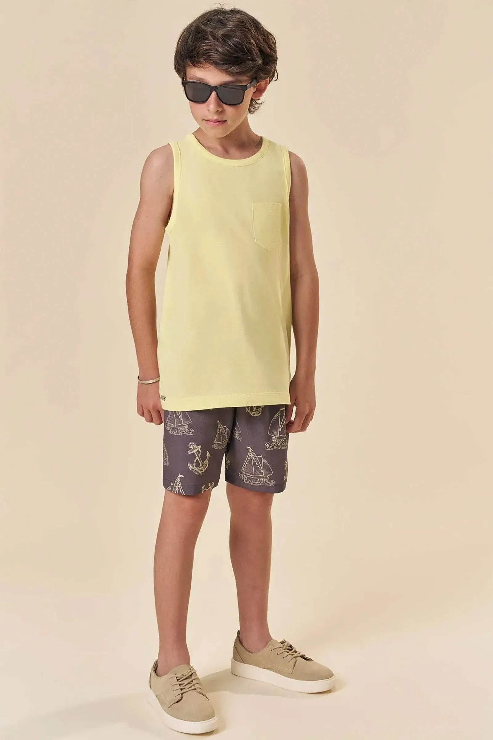 Conjunto de Regata em Meia Malha e Bermuda Boxer em Nylon Ergonomic 83810 Johnny Fox Teen Menino