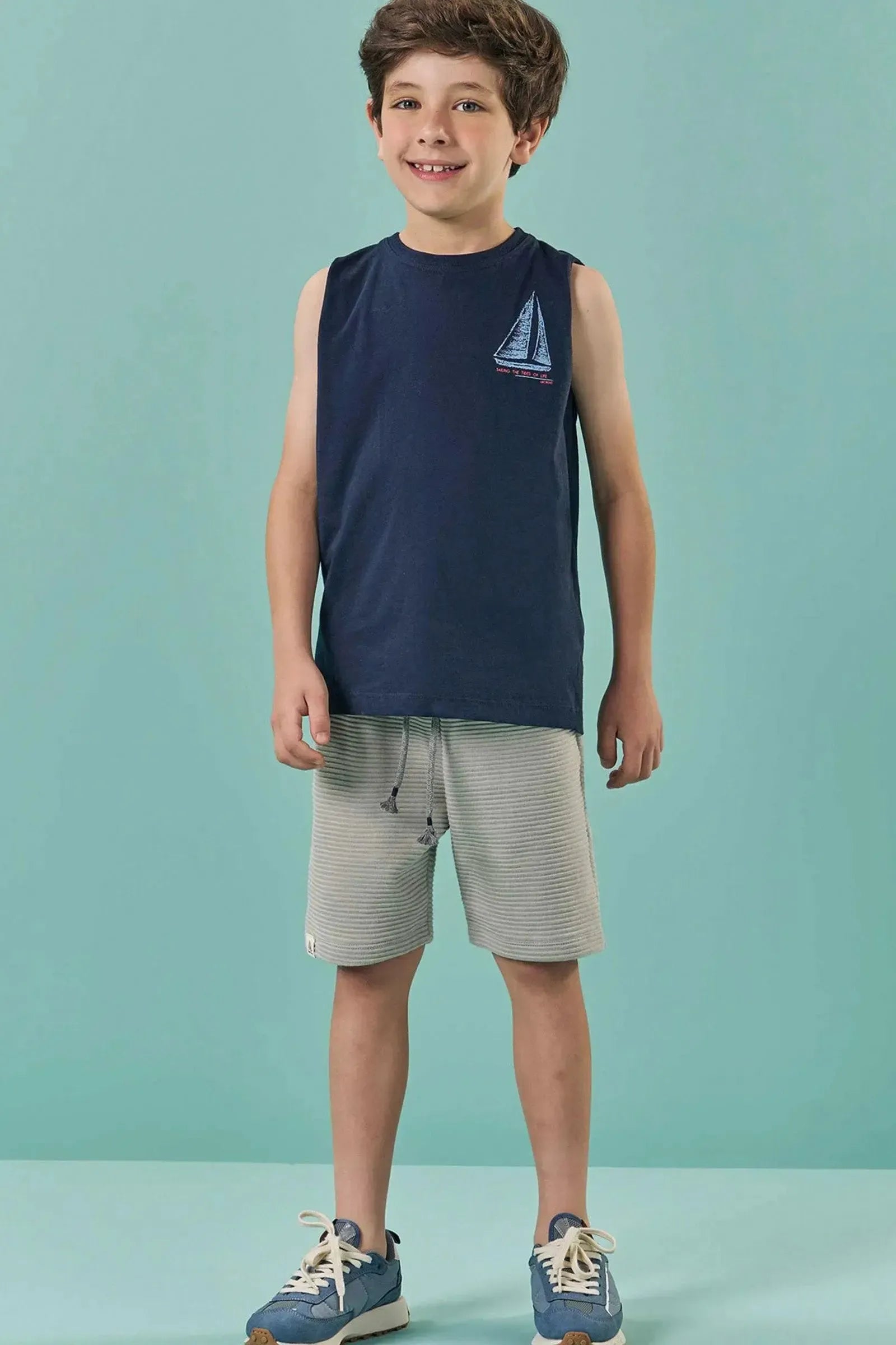 Conjunto de Regata em Meia Malha e Bermuda em Malha Dublada Relevo 82893 LucBoo Infantil Menino